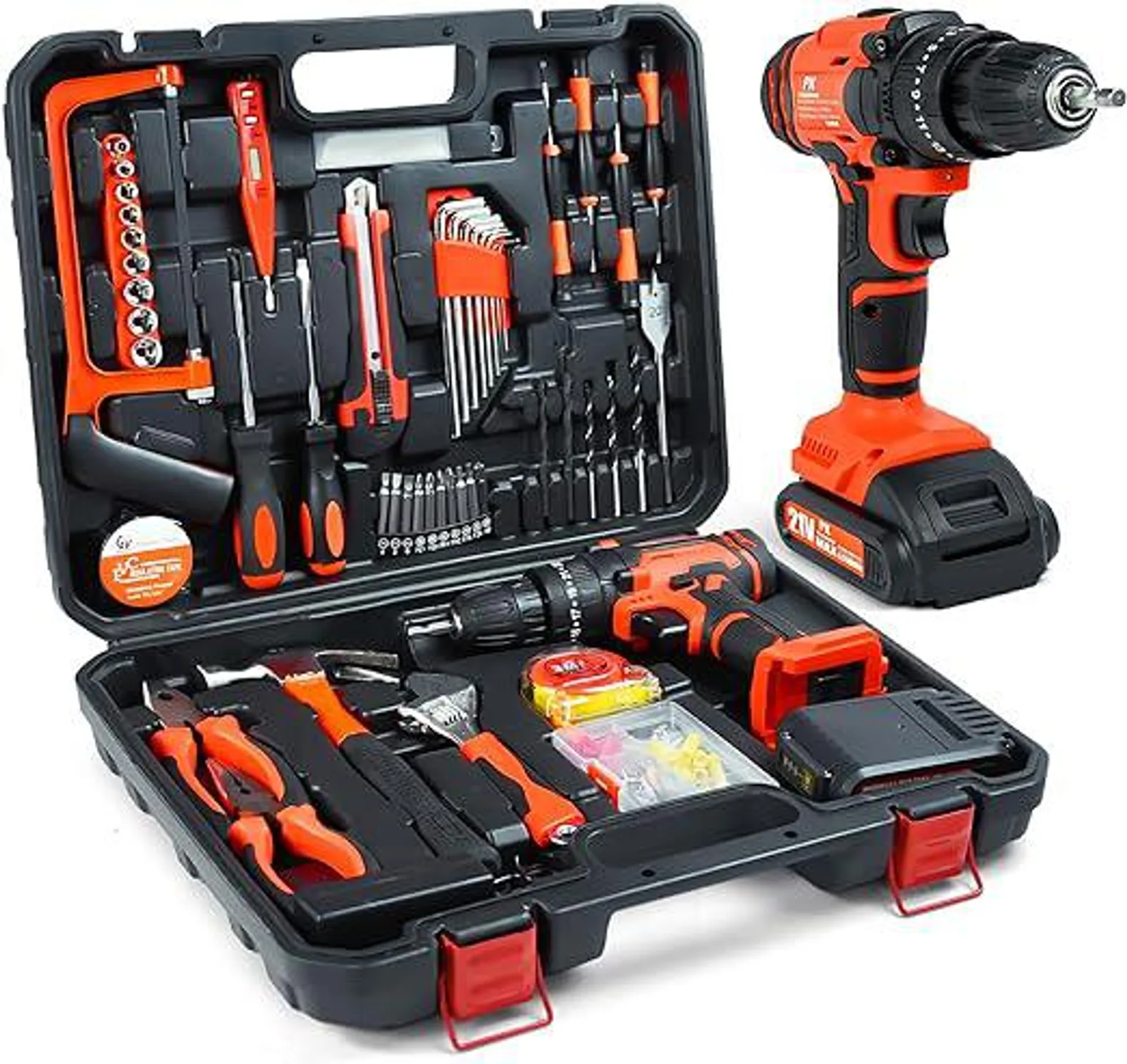 108 Pcs Cordless Drill Set, 531in-lbs MAX 21V Electric Power Drill Driver Kits, 3/8''Keyless Chuck 2 Variable Speed Drill with Faster Charger Hammer LED Light Tool Box Set for Home Repair Tool Kit