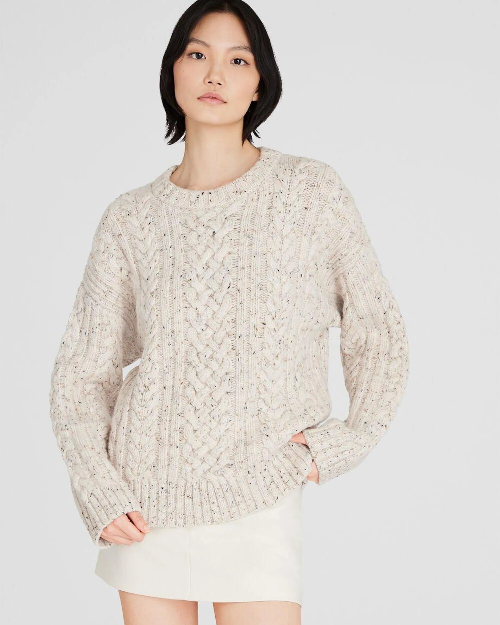 Wool Blend Cable-Knit Donegal Sweater