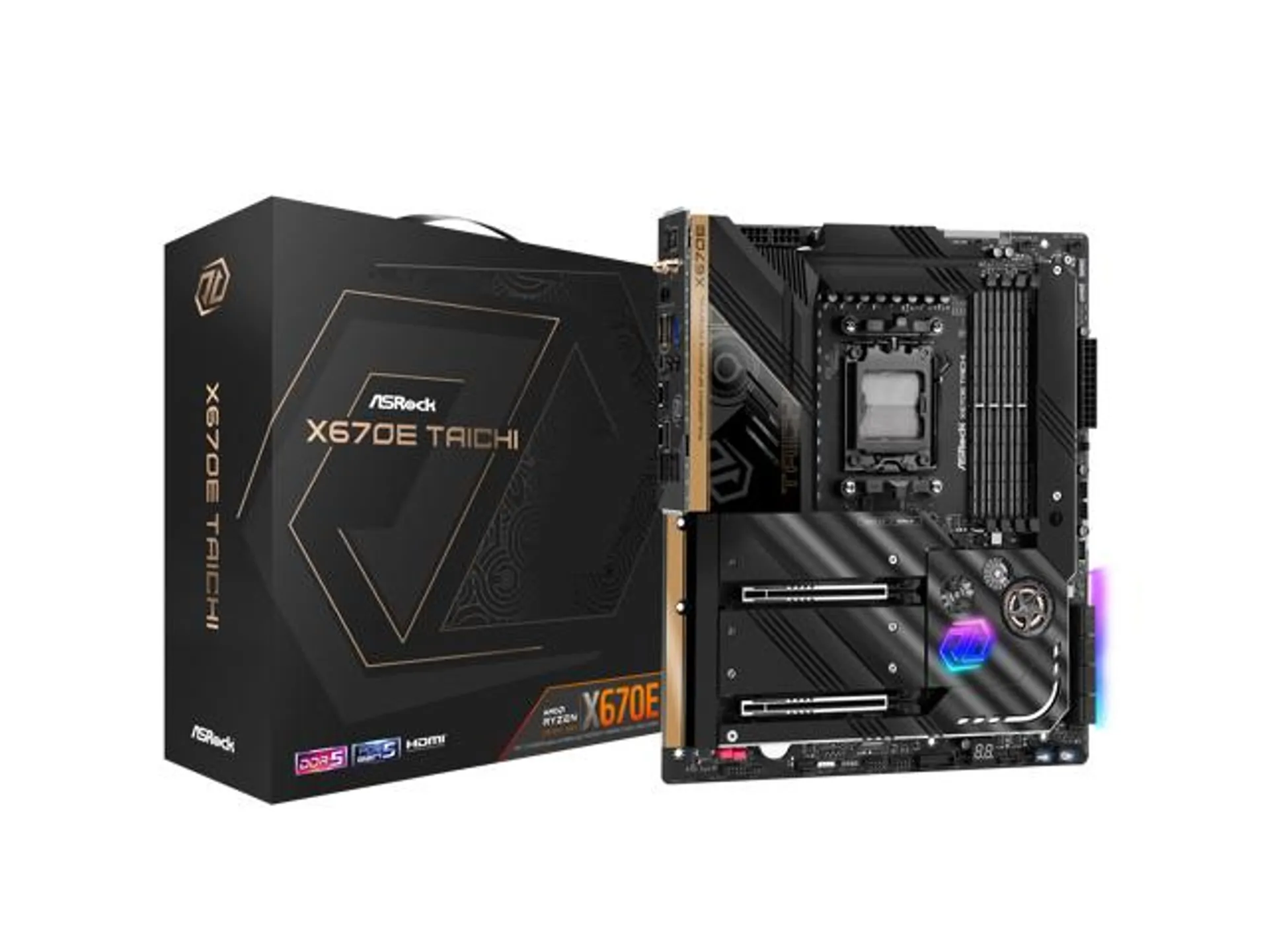 ASRock X670E Taichi AM5 EATX Motherboard. 4xDDR5 slots, 2 x PCIe 5.0 x16 Slots , AMD Cross Fire, Quad M.2 slots, 2.5GB LAN, WIFI-6E, 5,1 HD audio, HDMI 2.1, DP 1.4 ports, USB4 Type-C, 8 Layer PCB.