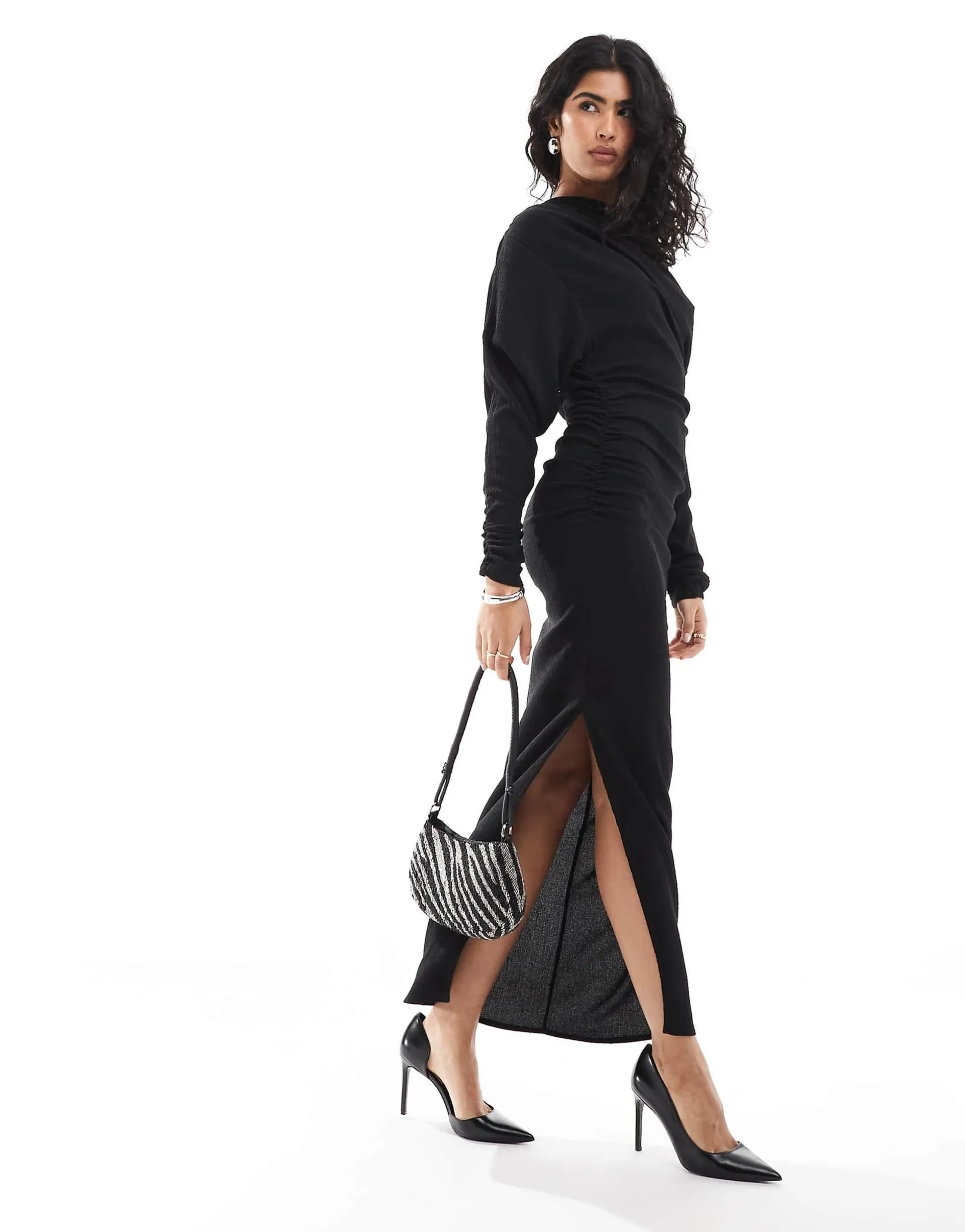 ASOS DESIGN textured slash neck draped midi dress in black