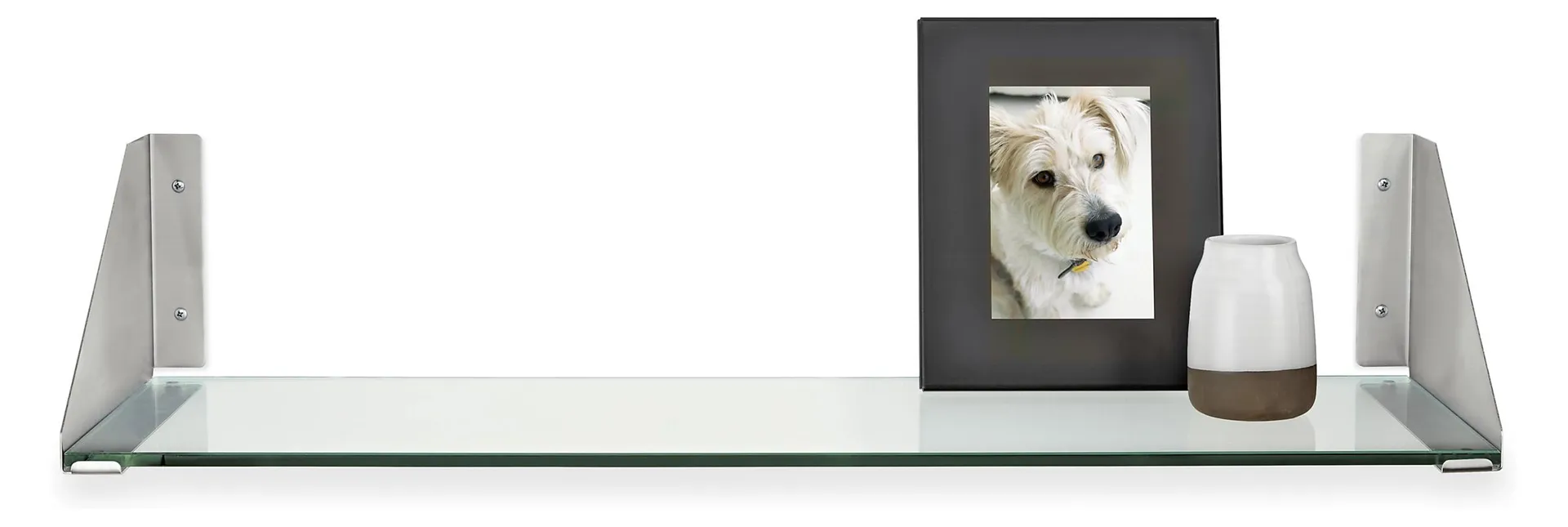 Bradbury 36w 10d 7.5h Wall Shelf in Stainless Steel with Clear Glass Shelf