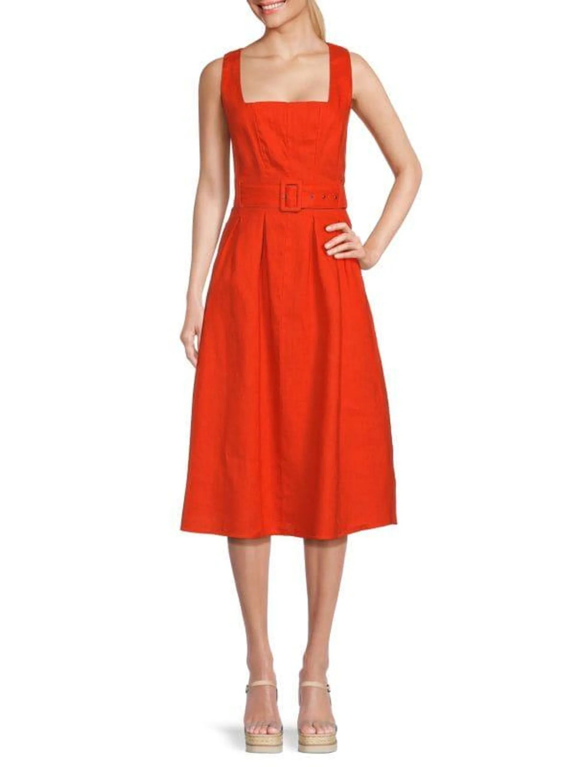 Squareneck Belted 100% Linen Midi Dress