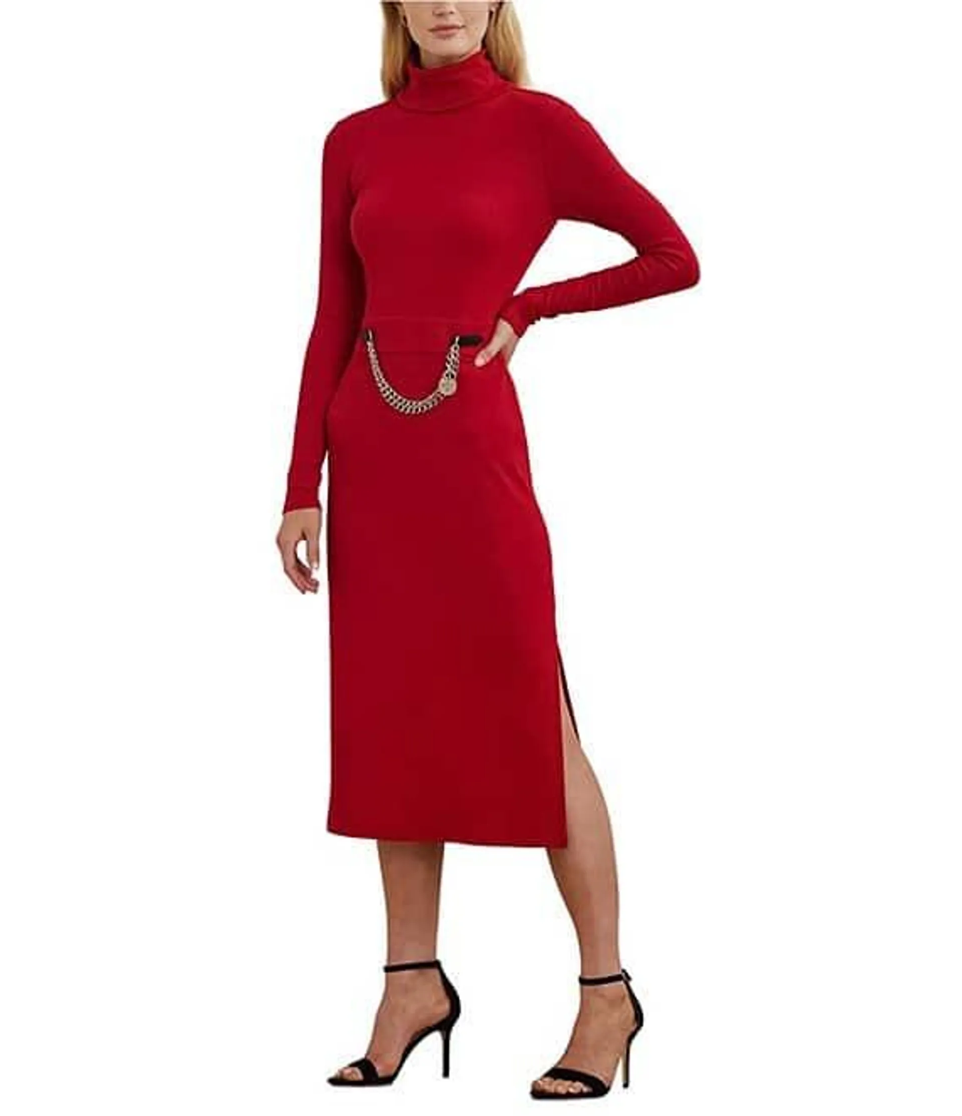 Knit Turtle Neck Long Sleeve Chain Detail Midi Dress