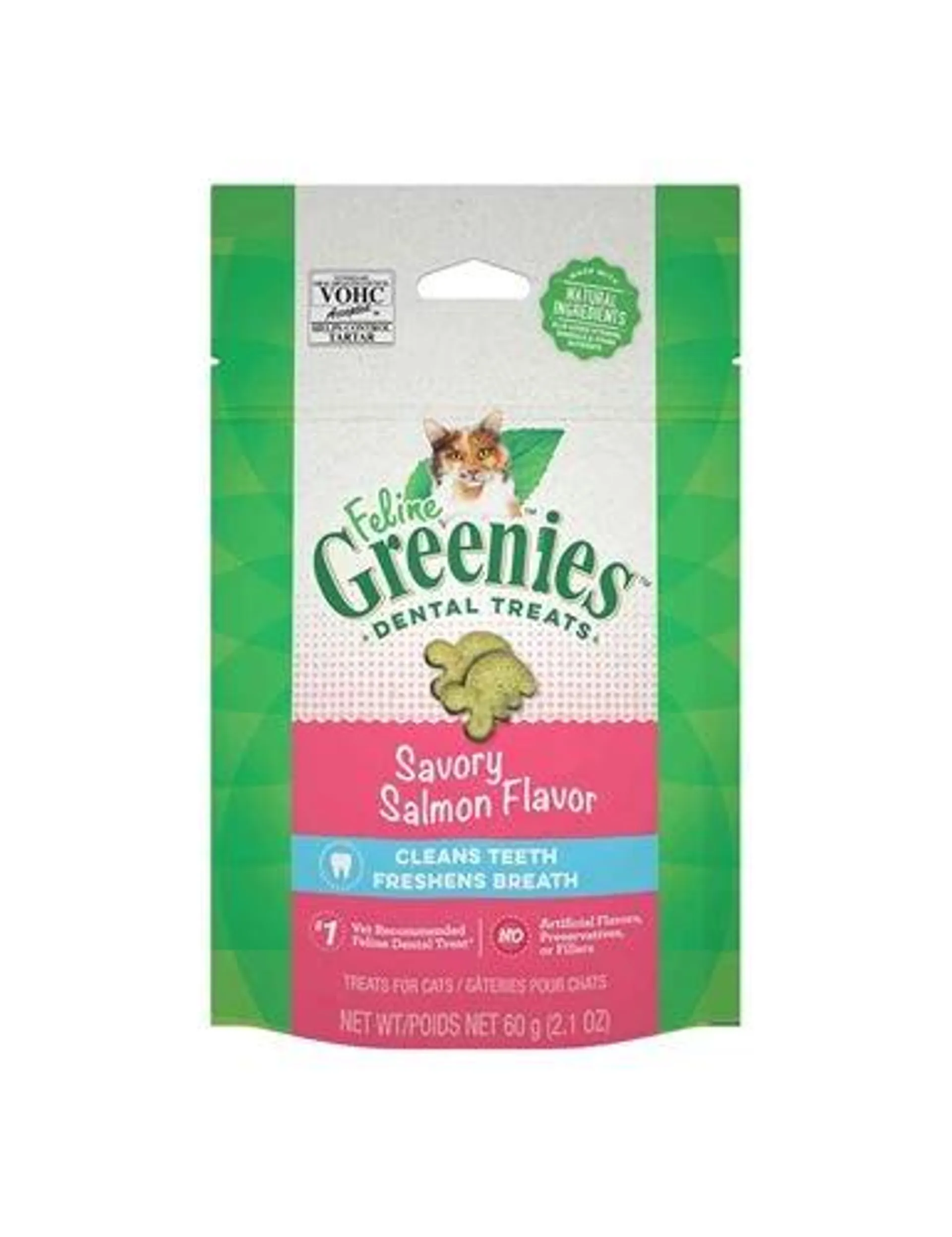 FELINE GREENIES Adult Natural Dental Care Cat Treats, Savory Salmon Flavor, 2.1 Ounce Pouch