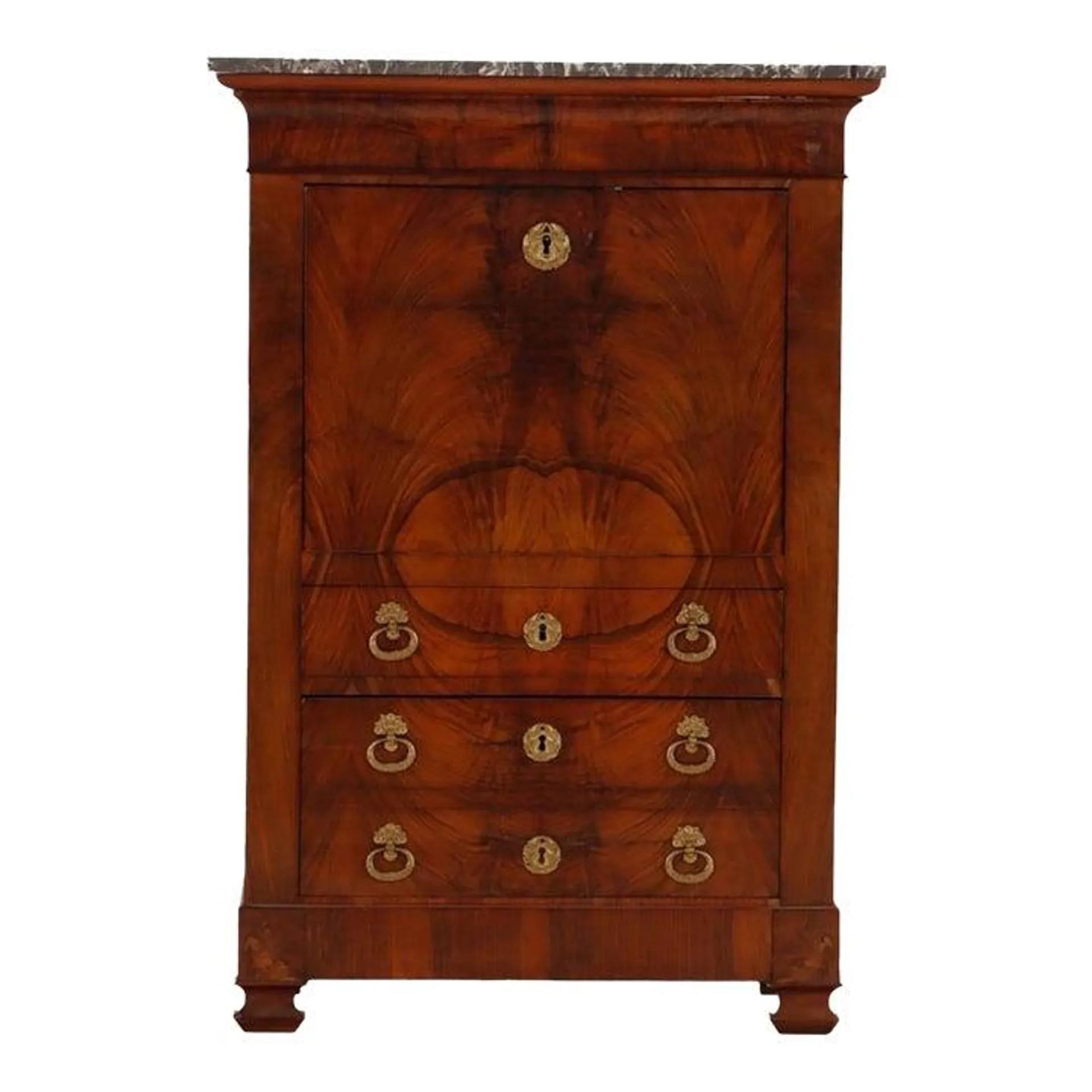 French Figured Walnut Secretary Desk With Marble Top