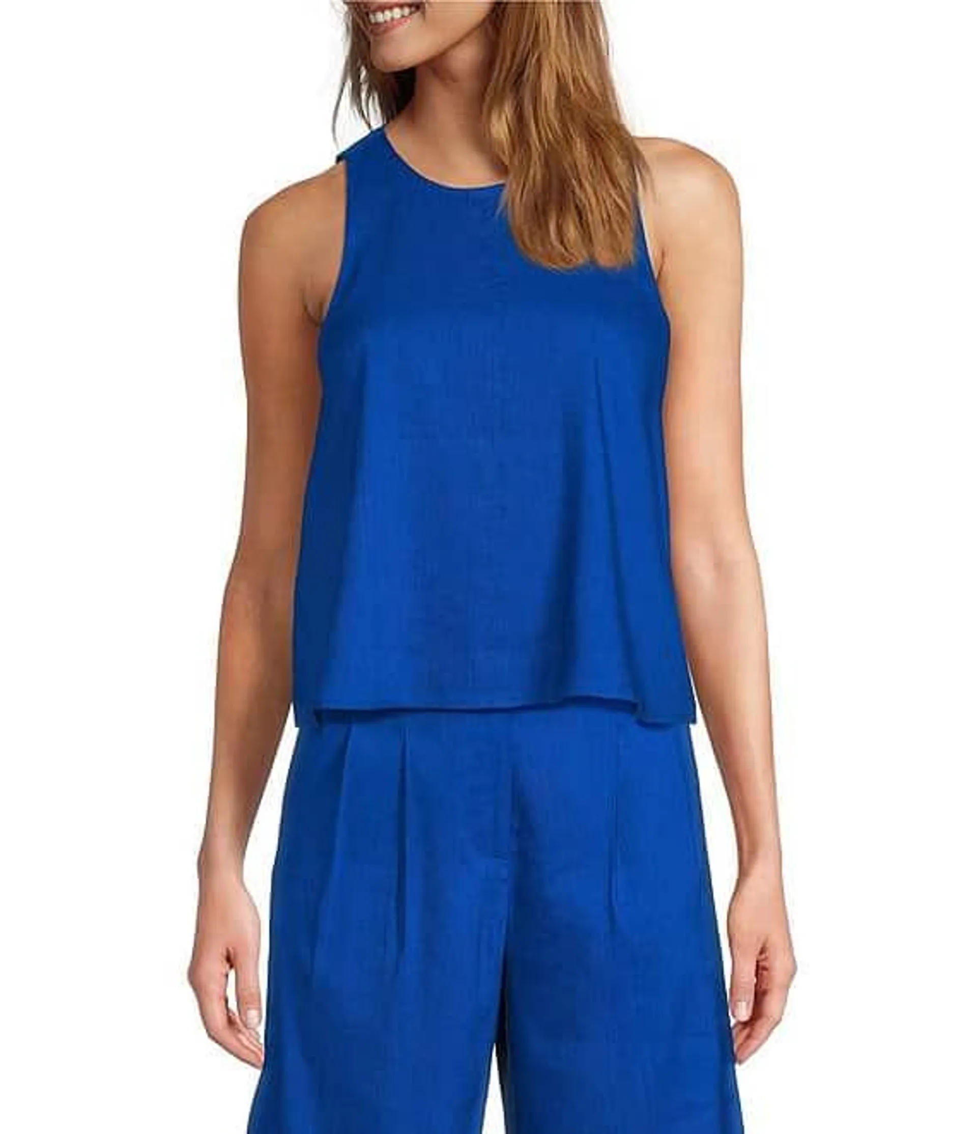 Audrey Woven Stretch Linen Blend Round Neck Sleeveless Coordinating Top