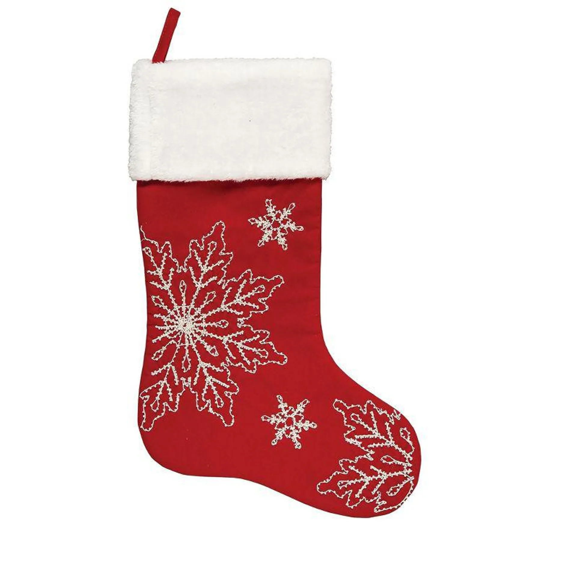 C&F Home Beaded White Snowflake Accented on Red Background with White Fuzzy Cuff Snowy Holiday Stocking. 20.0-in.