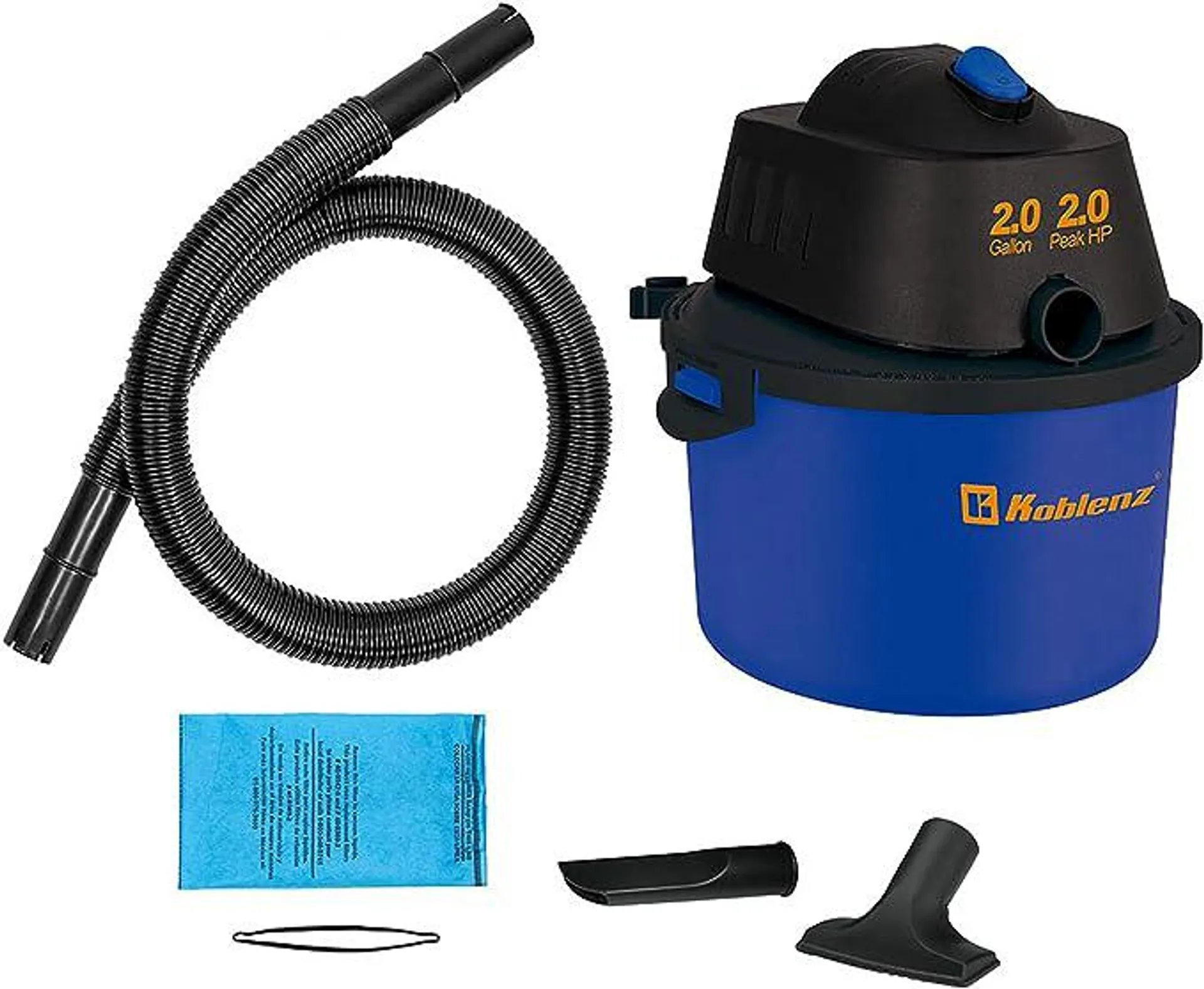 Koblenz WD-2L Portable Wet-Dry Vacuum, 2.0 Gallon/2.0HP Compact Lightweight, Blue+Black 5 Year Warranty