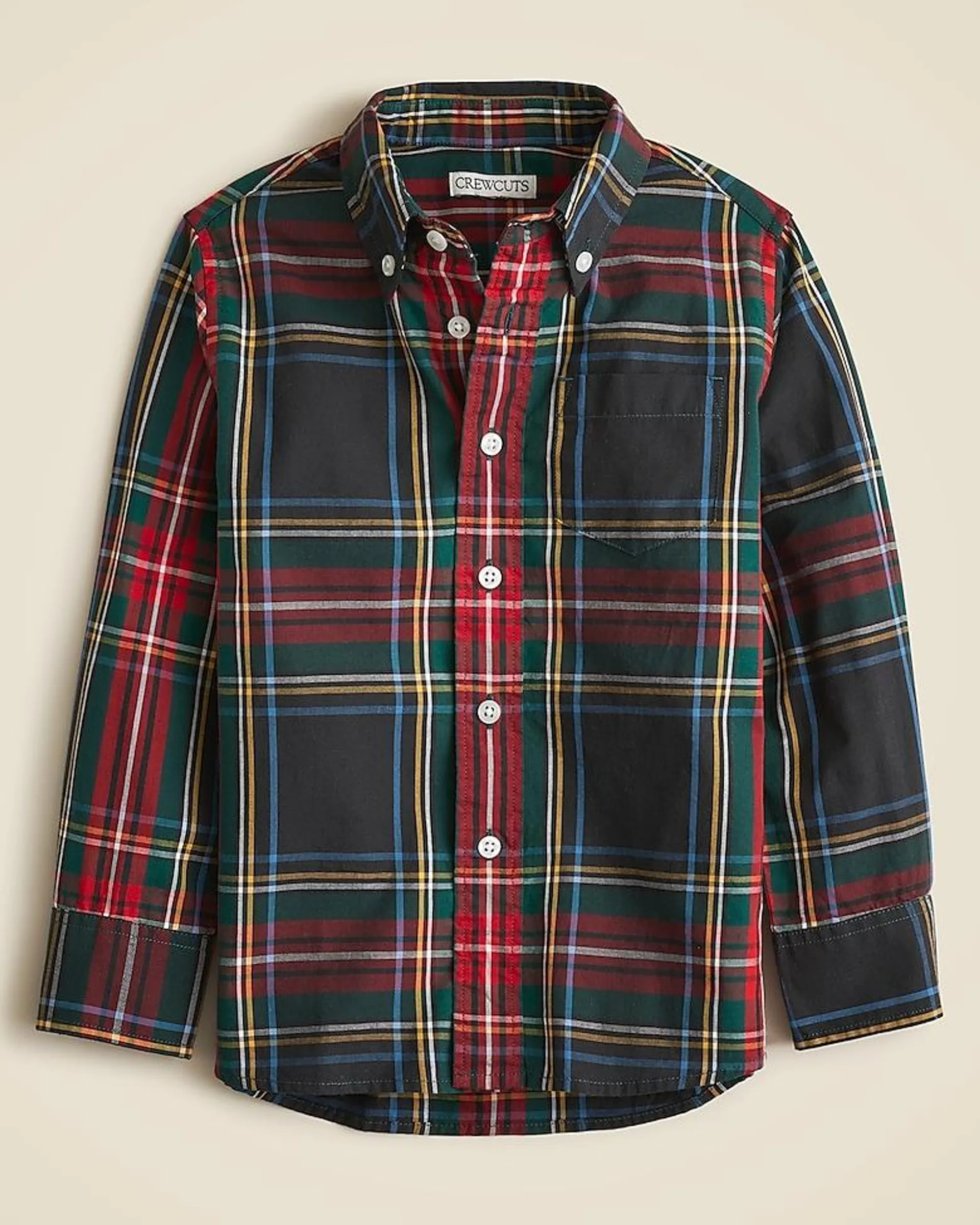 Kids'' long-sleeve stretch poplin button-down in Stewart tartan