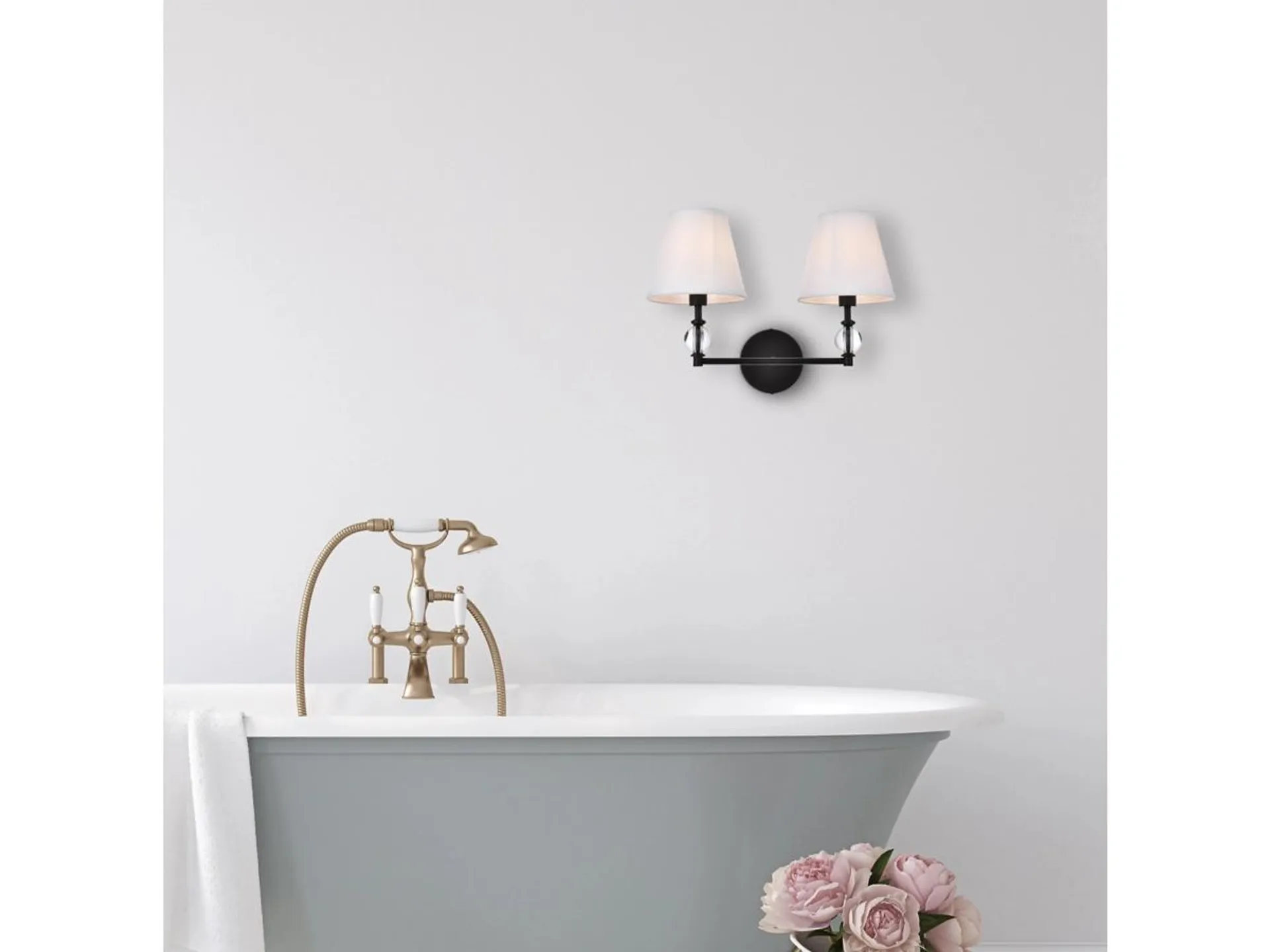 Bethany 2 Lights Bath Sconce In Black w/ White Fabric Shade