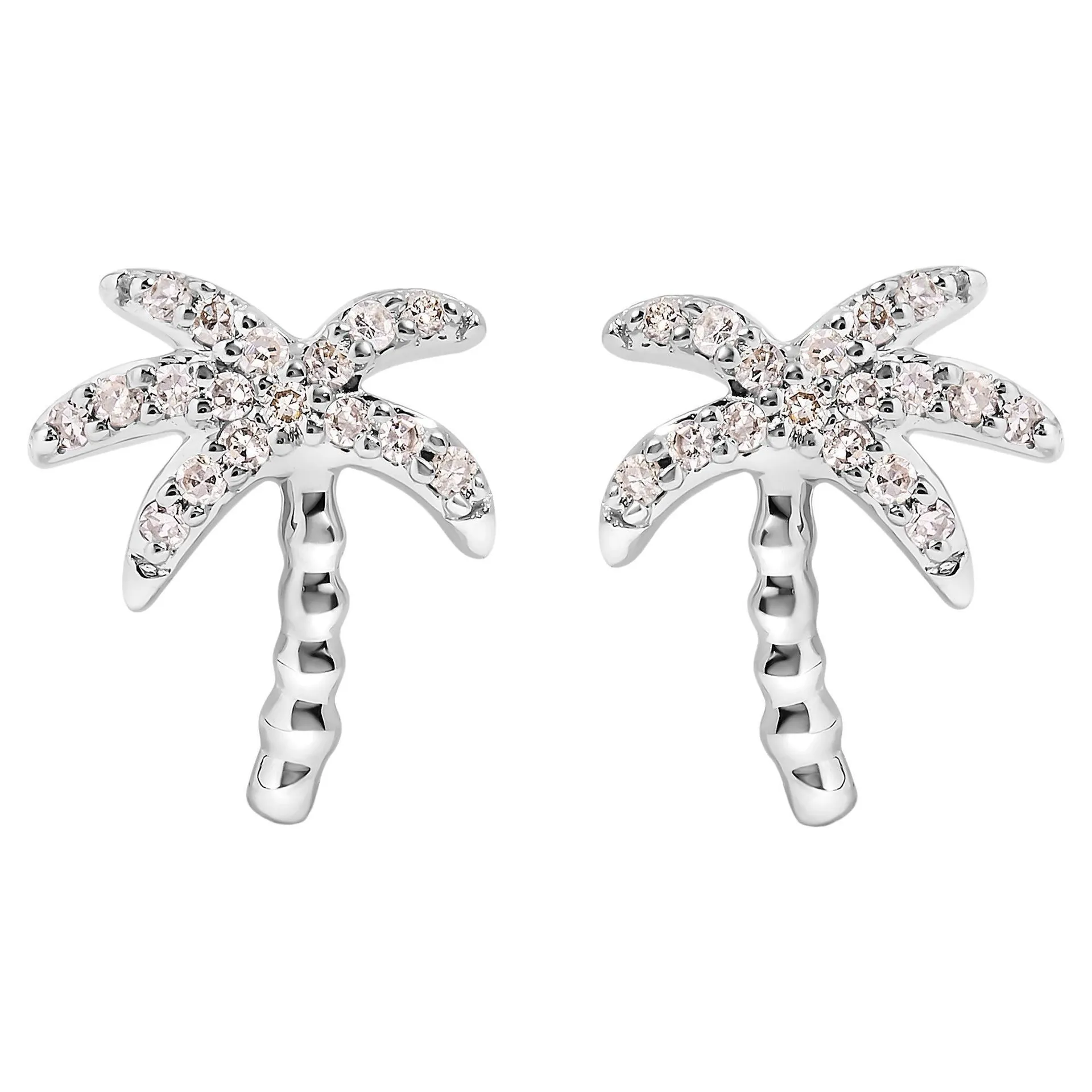 10K White Gold 1/10 Carat Diamond Encrusted Palm Tree Stud Earrings