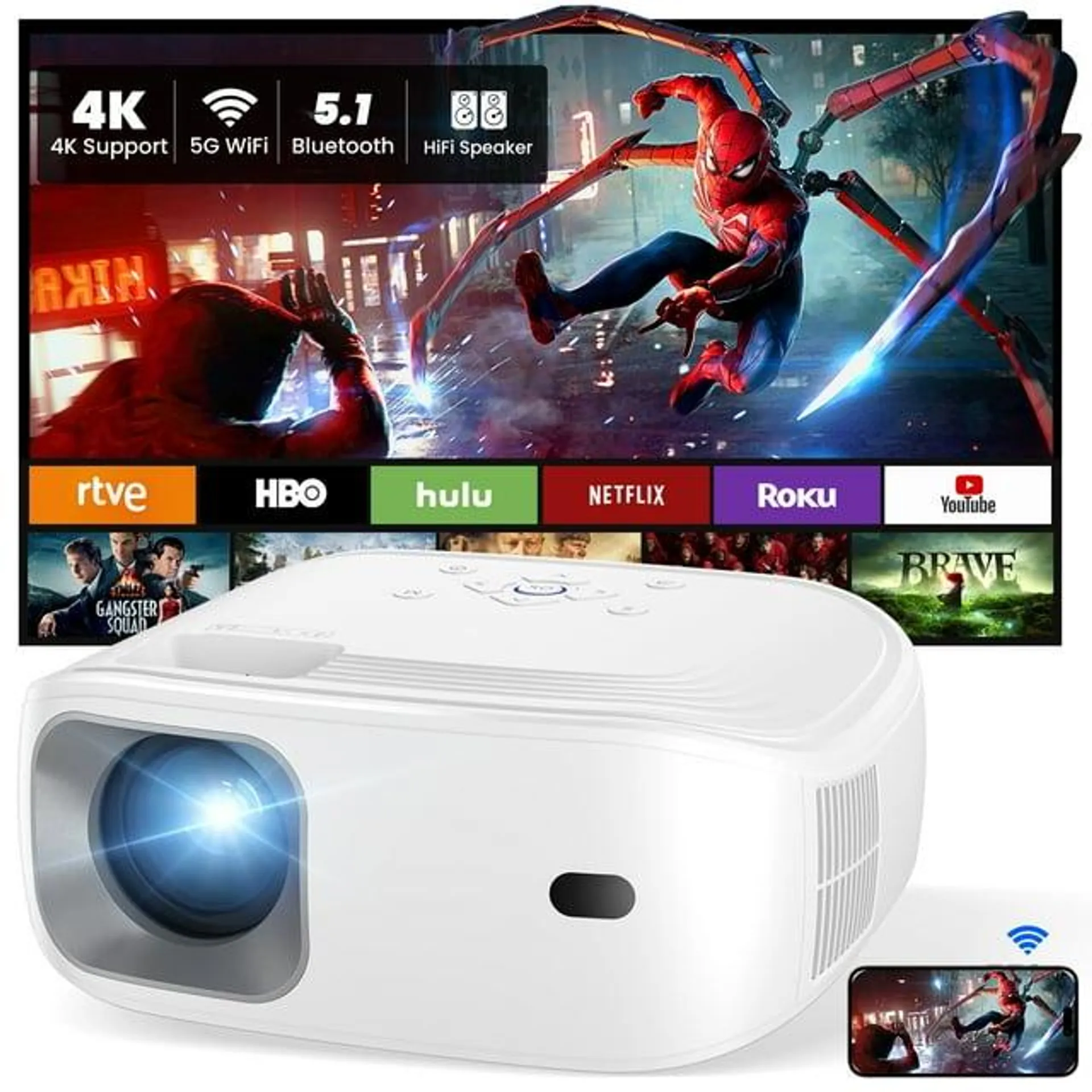 HONPOW 4K Support Portable Projector with Wifi and Bluetooth Mini Projector with Speaker 11000 Lumens FHD (1080P) LED Projectors for Outdoor Movies Home Theater