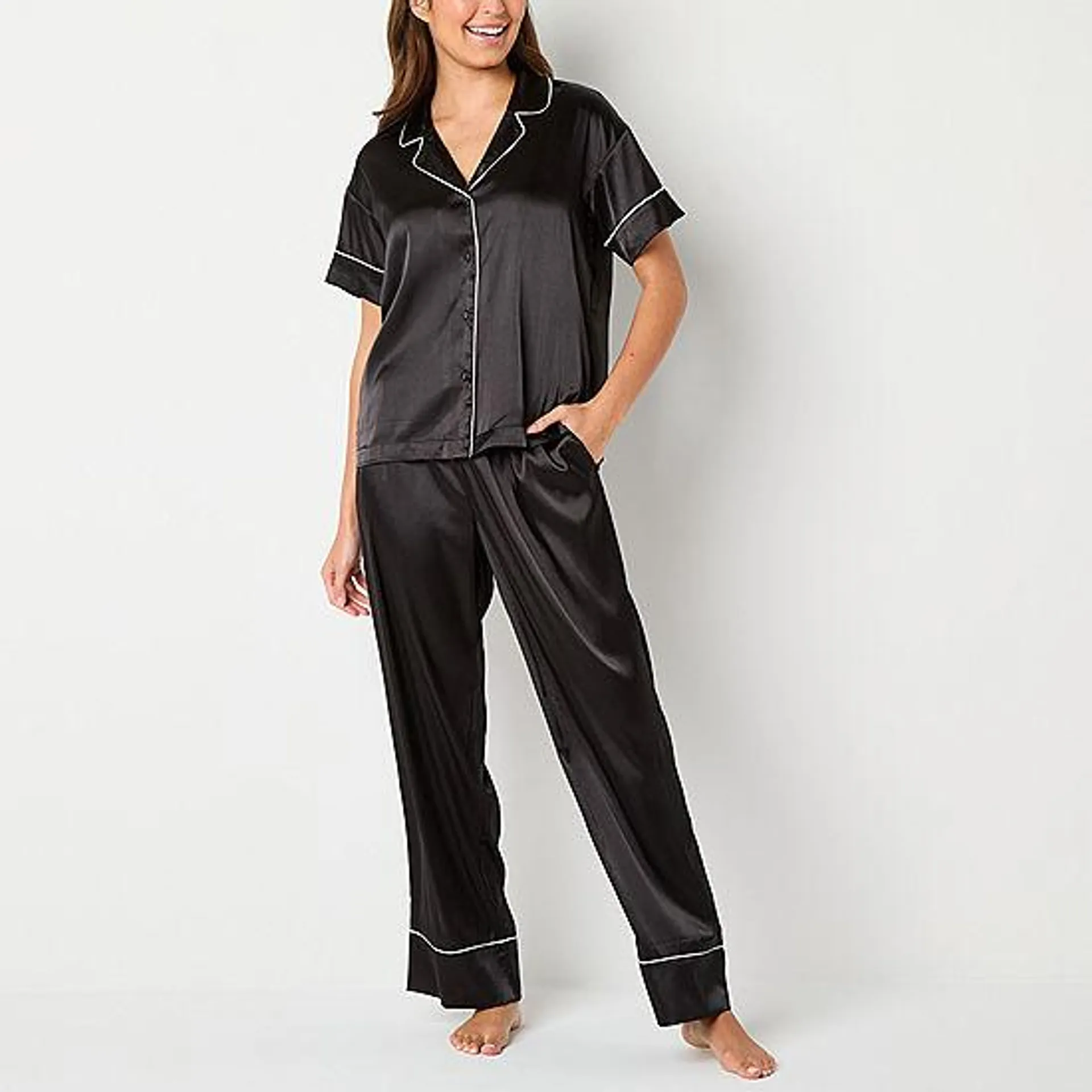 new! Ambrielle Womens Tall Satin Short Sleeve 2-pc. Pant Pajama Set