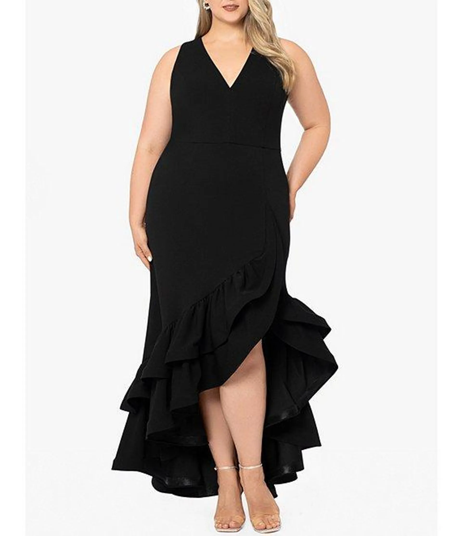 Plus Size Sleeveless V-Neck Ruffle Skirt Scuba Crepe Gown