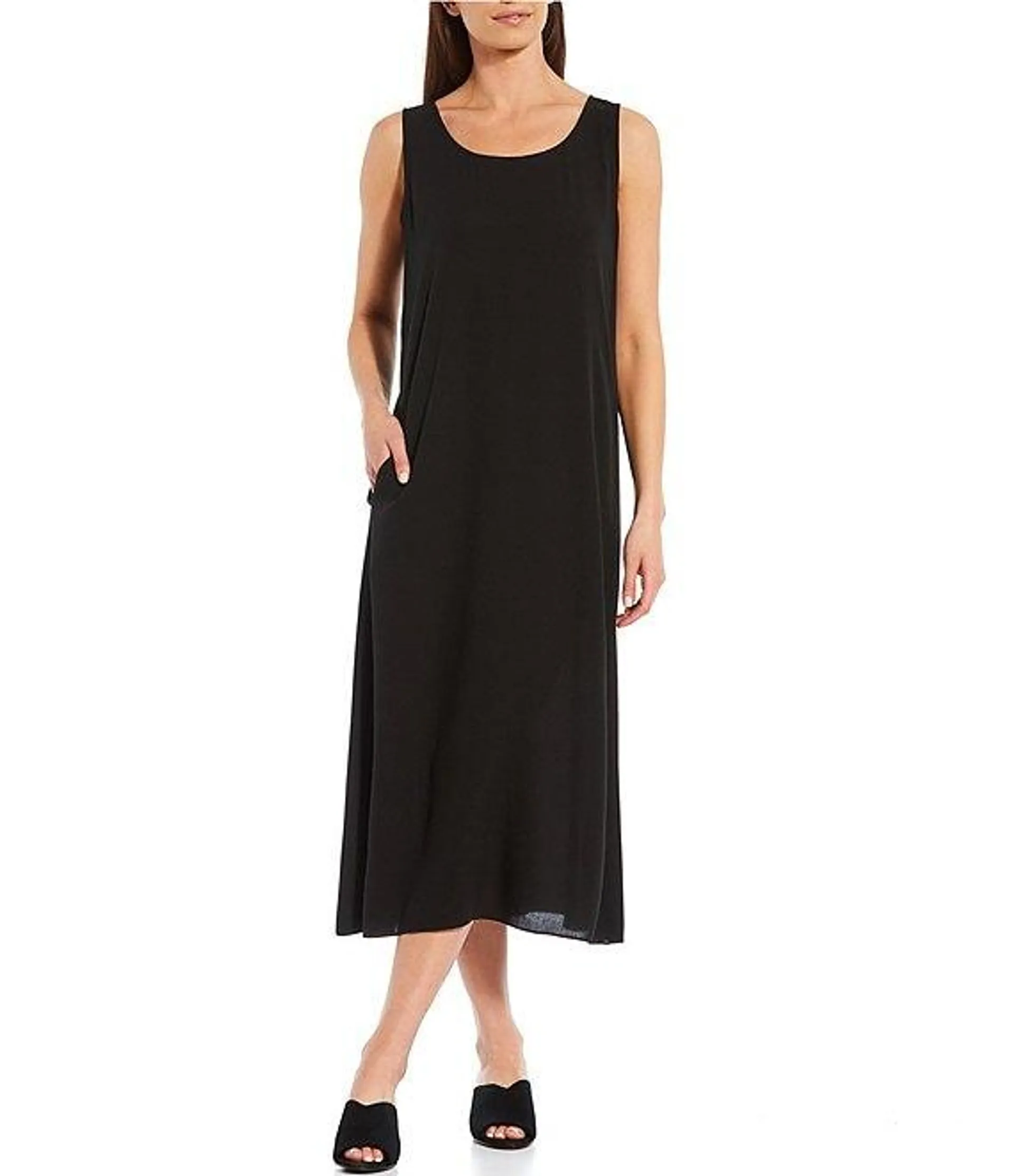 Silk Georgette Crepe Scoop Neck Sleeveless Pocketed Shift Midi Dress