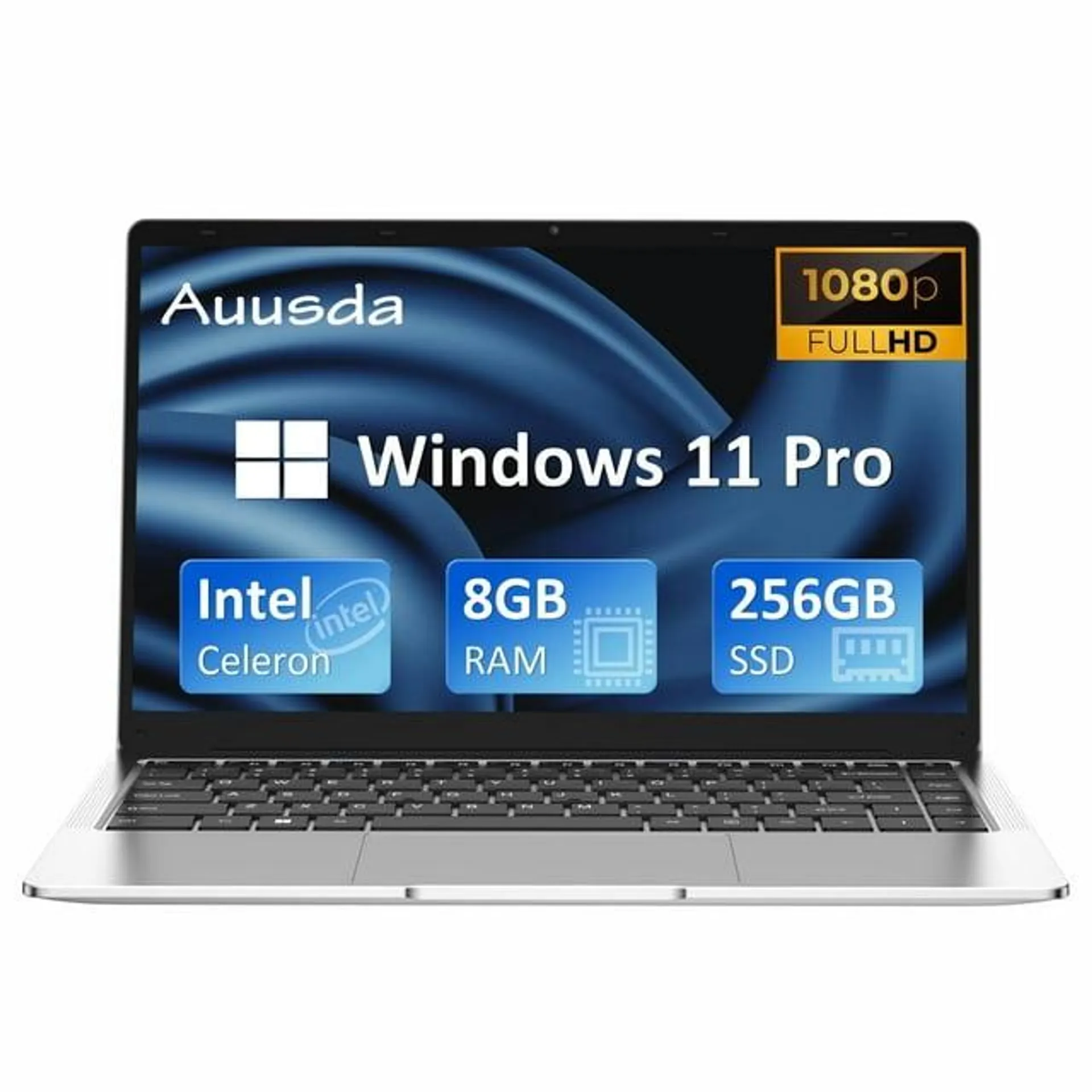 Auusda 14.1" FHD Laptop, Intel Celeron J4125, 8GB RAM, 256GB SSD, Windows 11 Pro, Silver