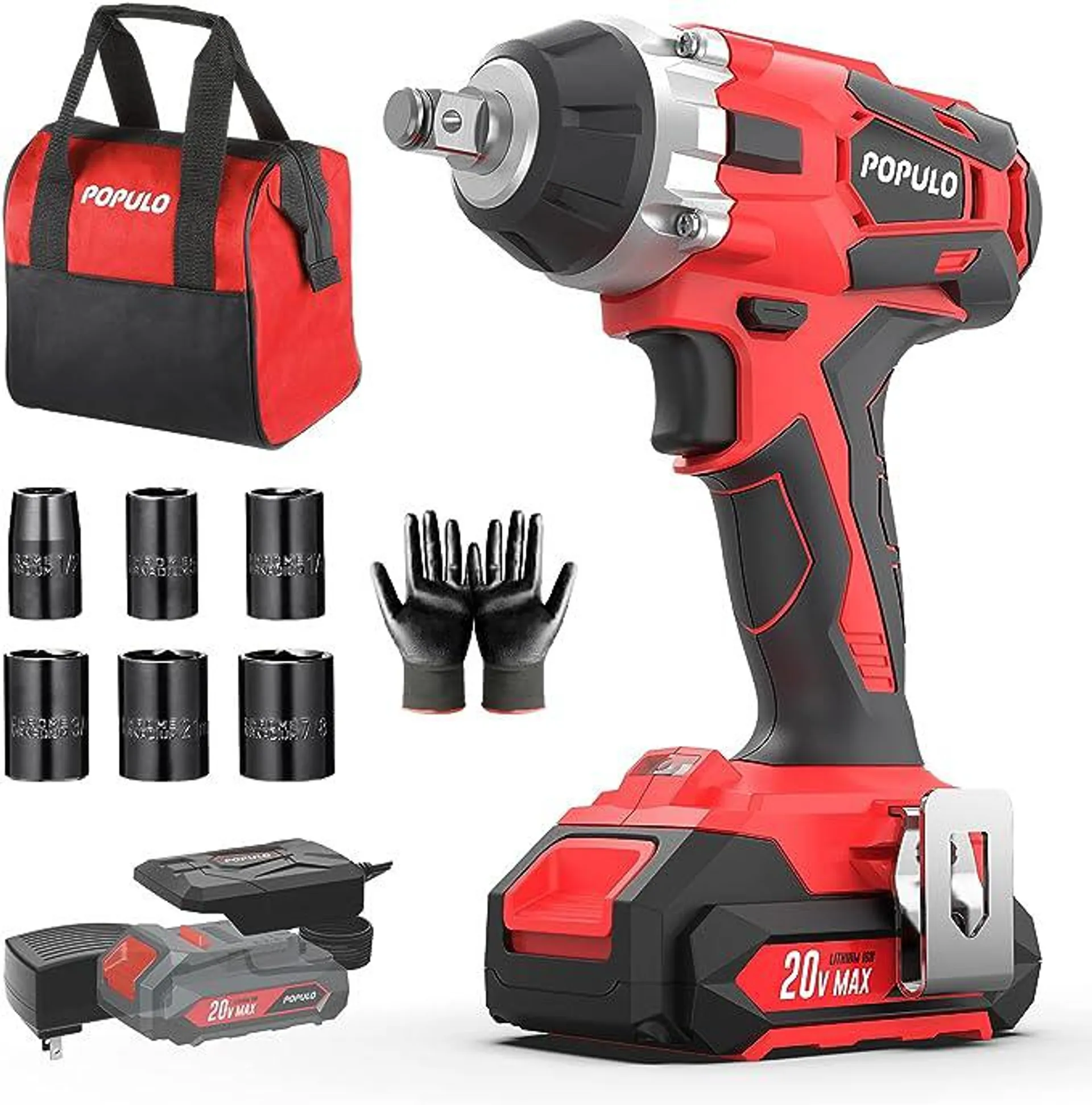 POPULO 20V Cordless Impact Wrench, ½” Chuck Power Impact Wrenches, 2389 in-lbs Torque and 0-3,000 Impact, 6 pcs Drive Impact Sockets, 2.0Ah Li-ion Battery, Fast Charger, Gloves and Tool Bag Included.