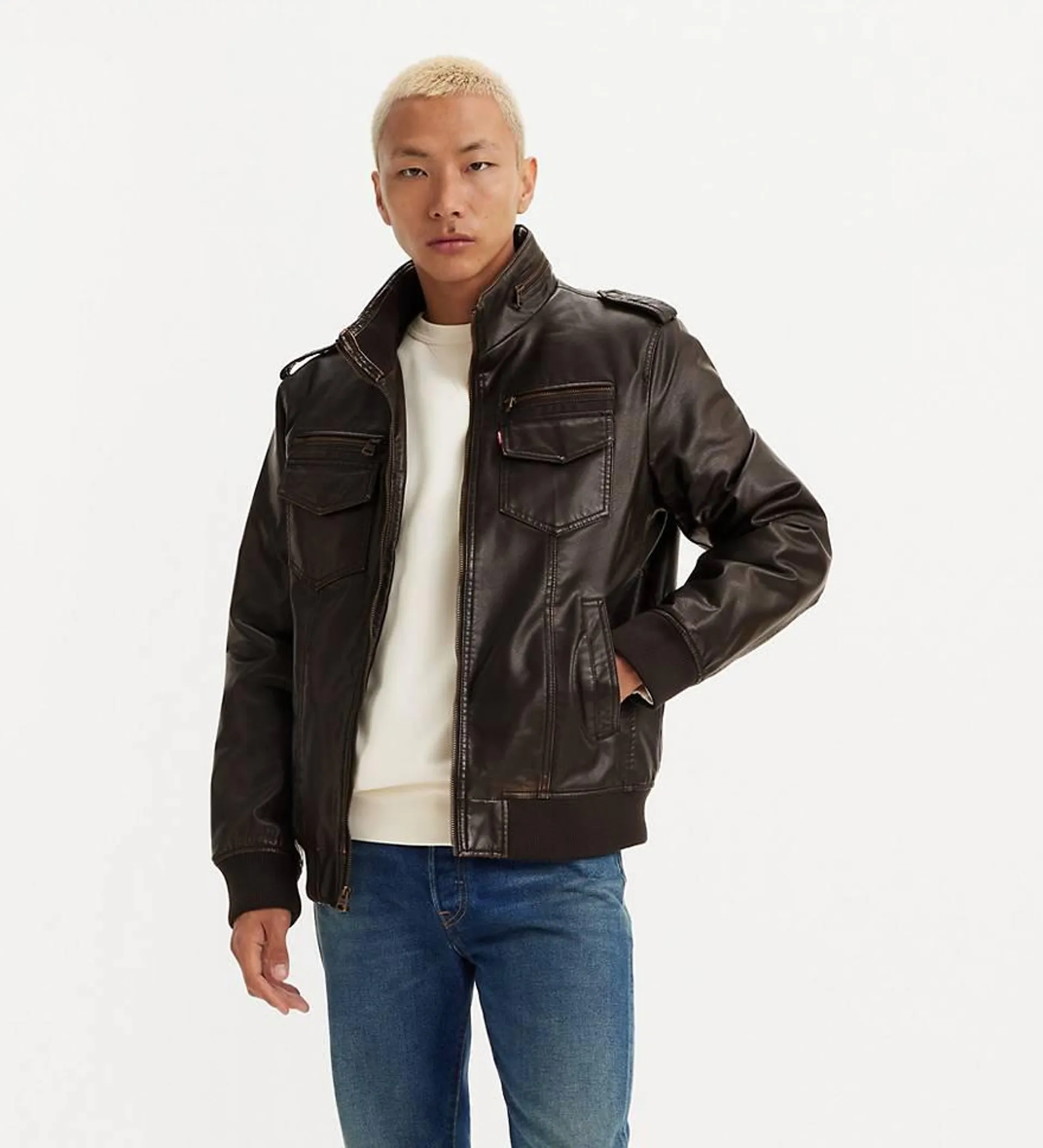 Faux Leather Aviator Bomber Jacket