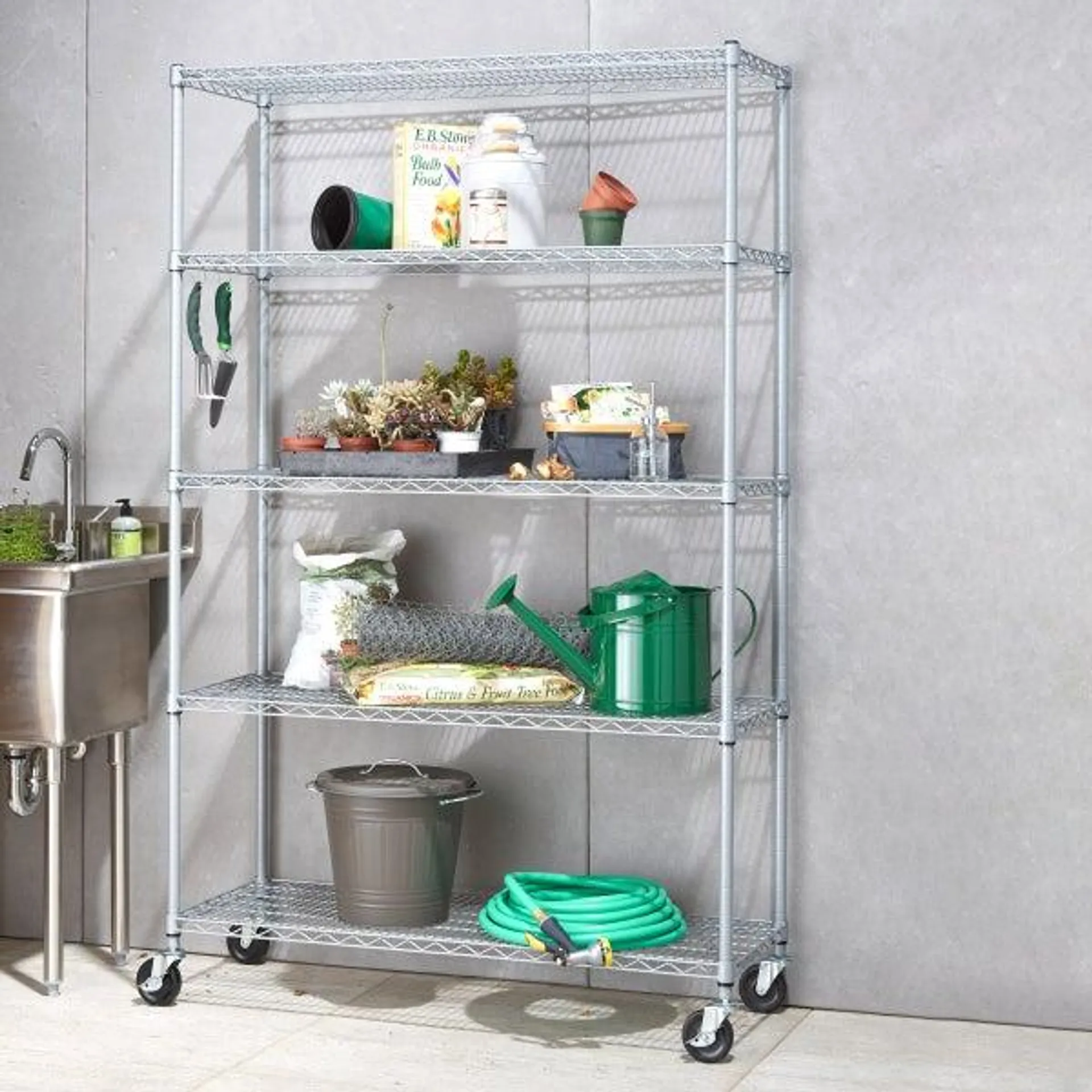 TRINITY 5-Tier Outdoor Wire Shelving Rack with Wheels, 48" x 18" x 72" NSF, Gray Color