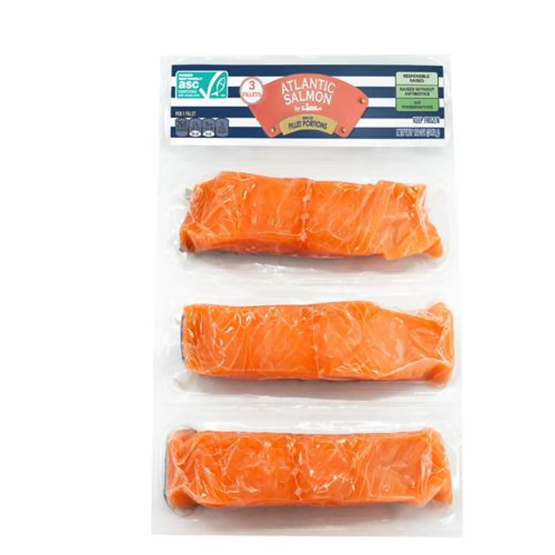 frozen Atlantic salmon filet portions, skin on