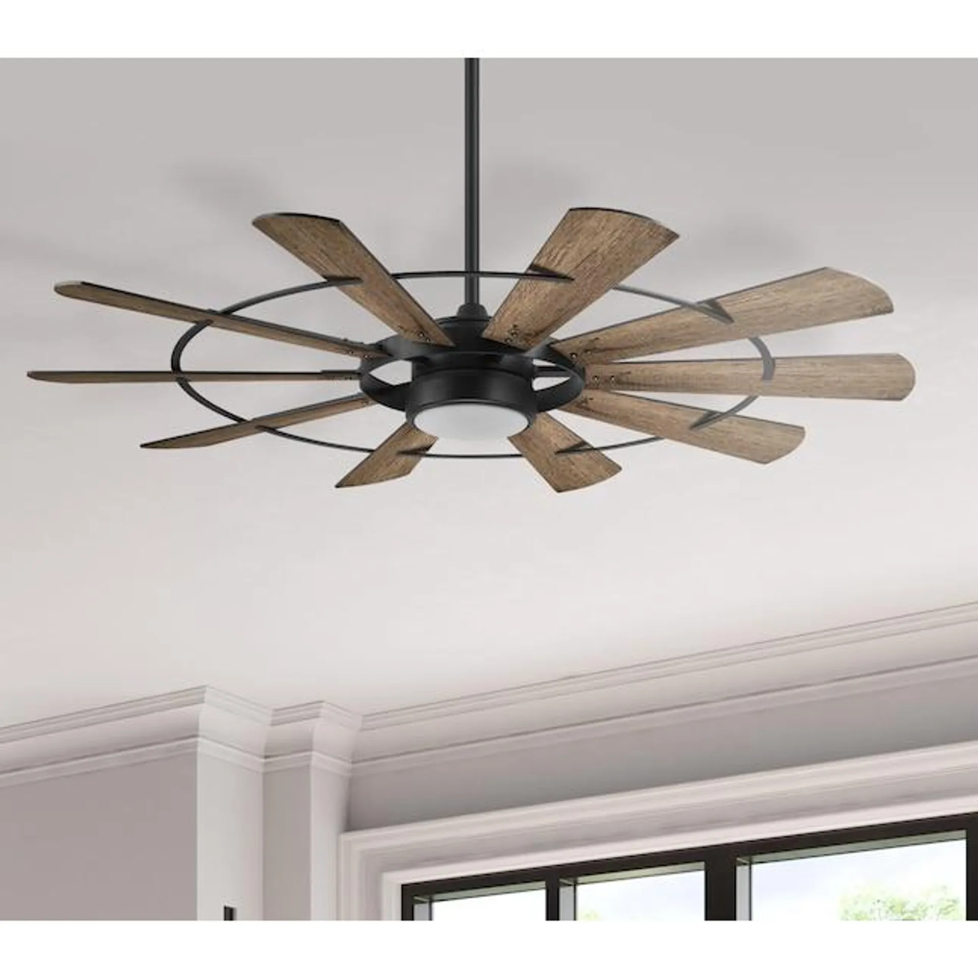 Harbor Breeze Henderson 60-in Matte Black with Rustic Weathered Oak Blades Integrated LED Indoor Ceiling Fan with Light and Remote (10-Blade)