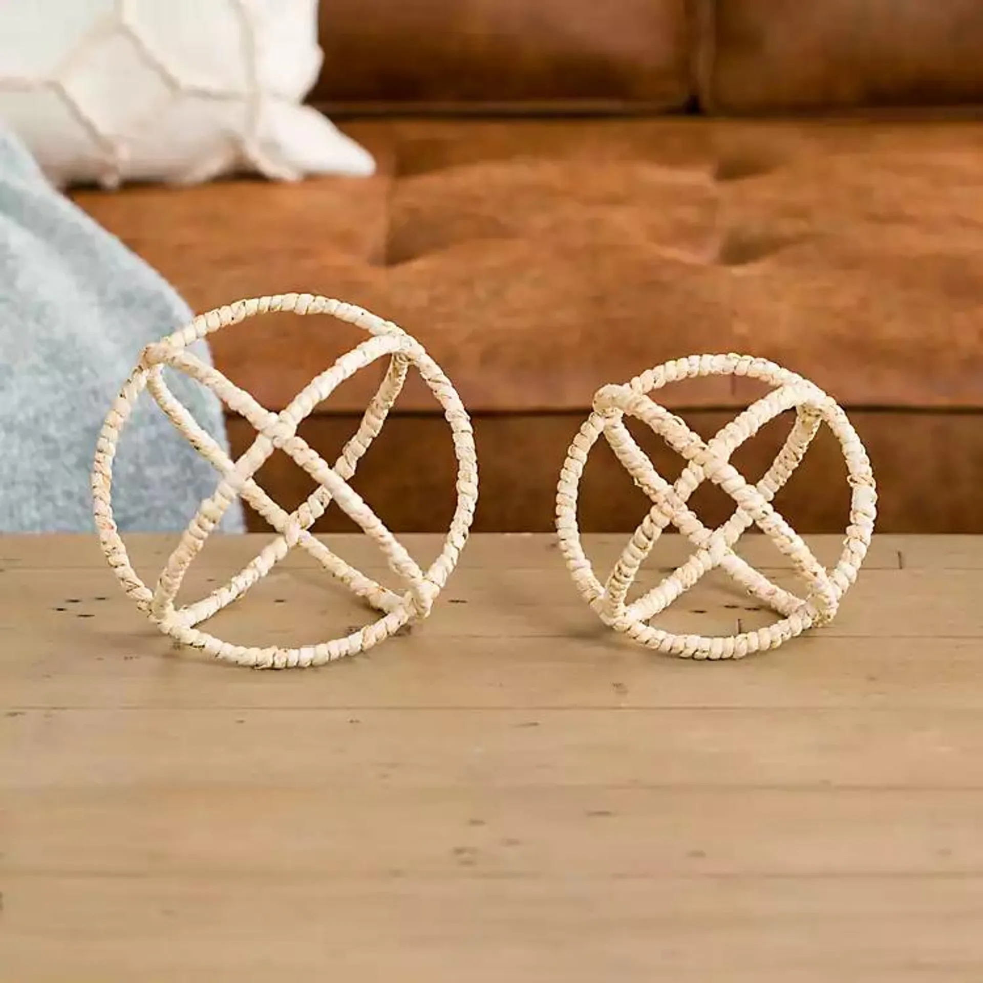 Natural Woven Rattan Spheres, Set of 2