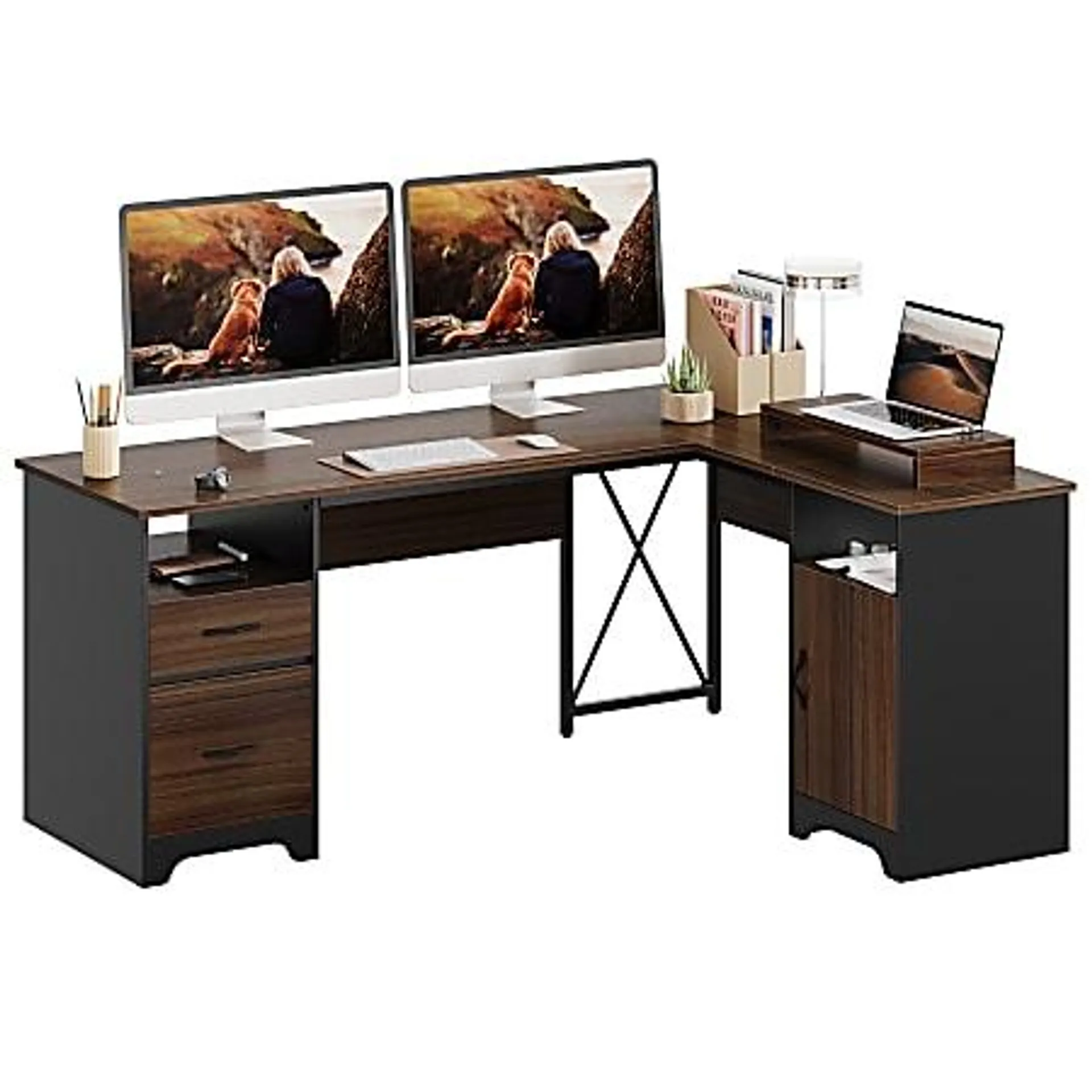 Bestier 63"W L-Shaped Corner Computer Desk With Monitor Stand & Open Storage, Cherry