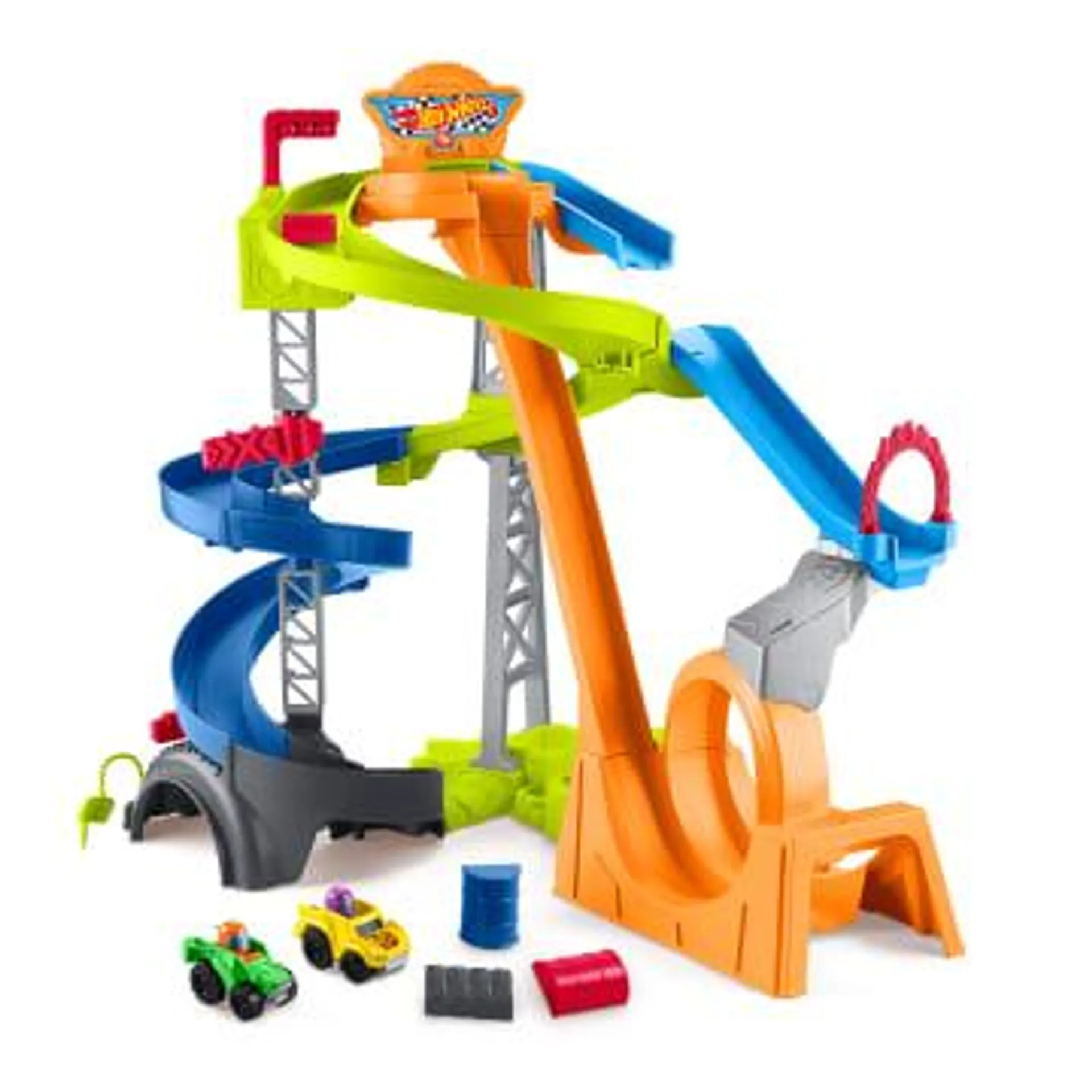 Little People Hot Wheels Spiral Stunt Speedway Toddler Race Track Playset, 2 Toy Cars