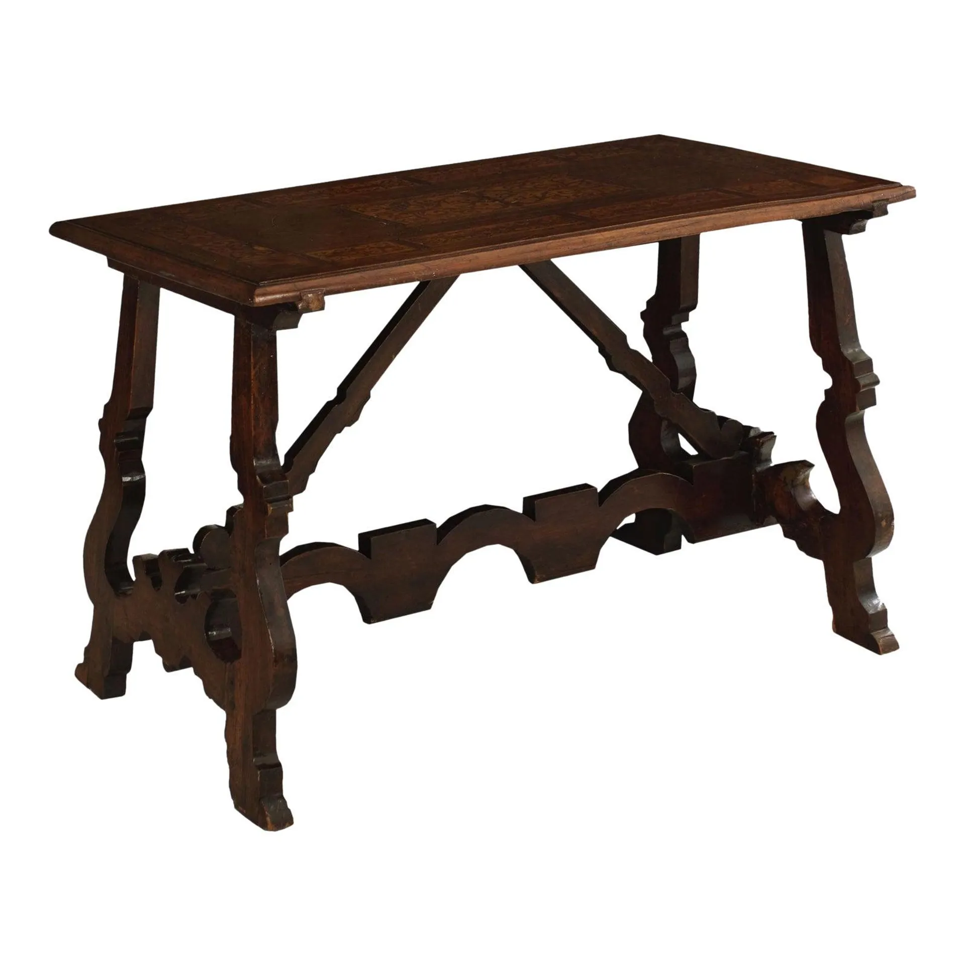 18th Century Italian Baroque Inlaid Walnut Trestle-Base Center Table