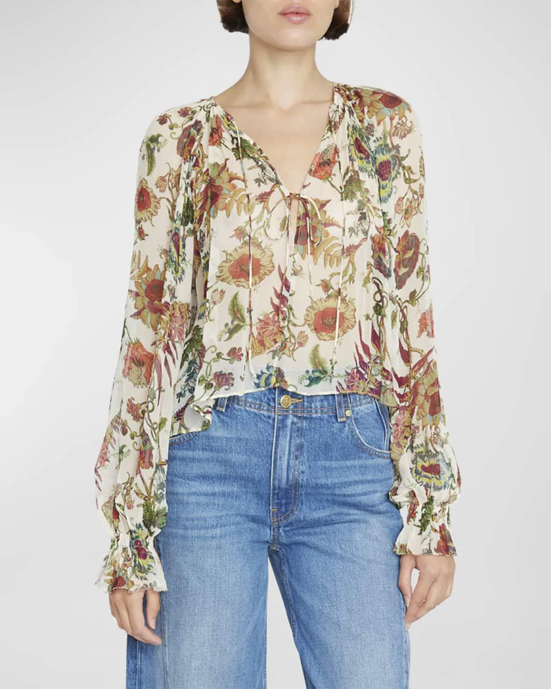 Bernadette Floral Silk Chiffon Puff-Sleeve Blouse