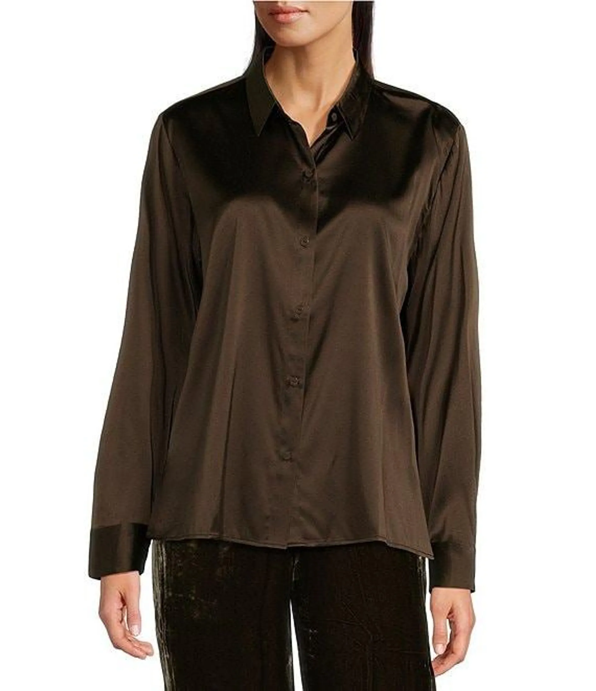 Stretch Silk Charmeuse Point Collar Long Sleeve Button Front Shirt