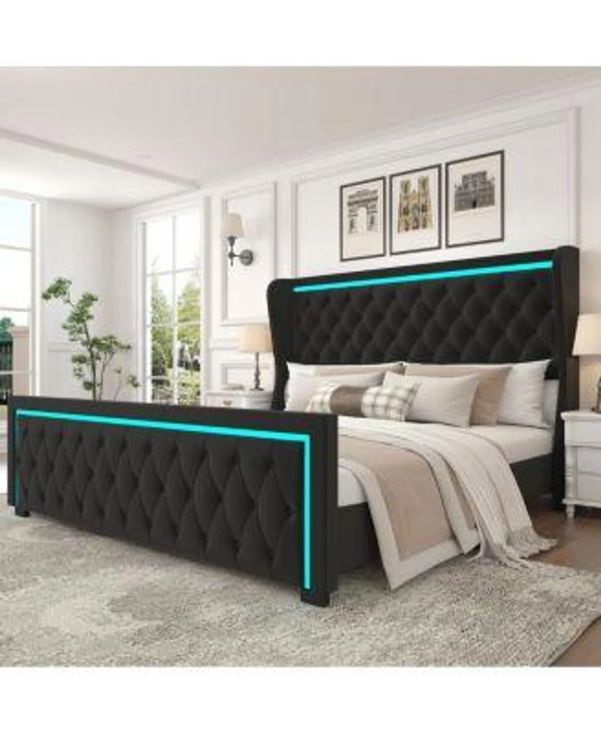 Streamdale Furniture Velvet Upholstered King Bed with LED Headboard