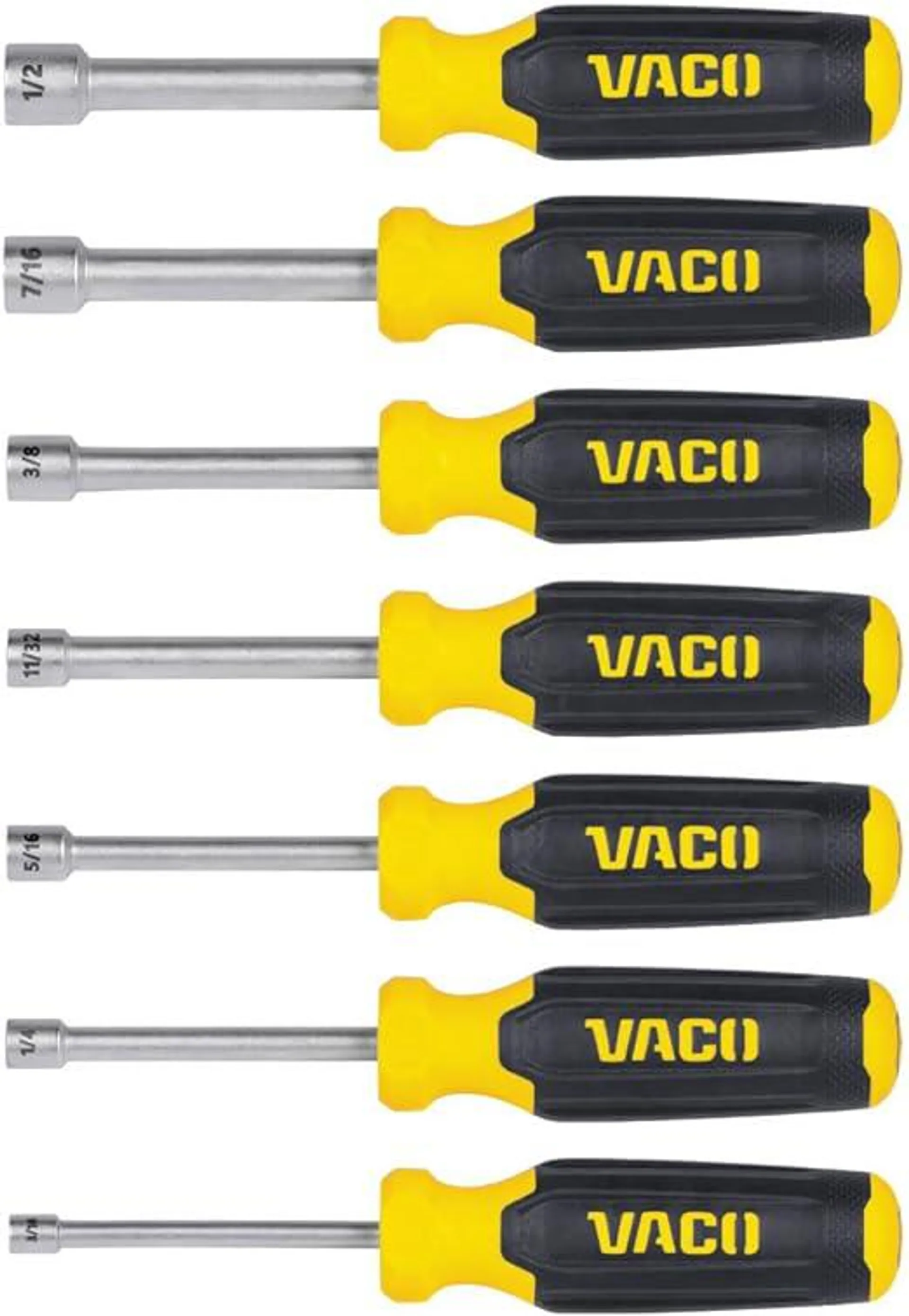 VACO VAC7070 7-Piece SAE Nut Driver Set, Laser Etched Sizes, Magnetic Tip, Hollow Shaft and Comfort Grip for Precise Hex Nut Driving