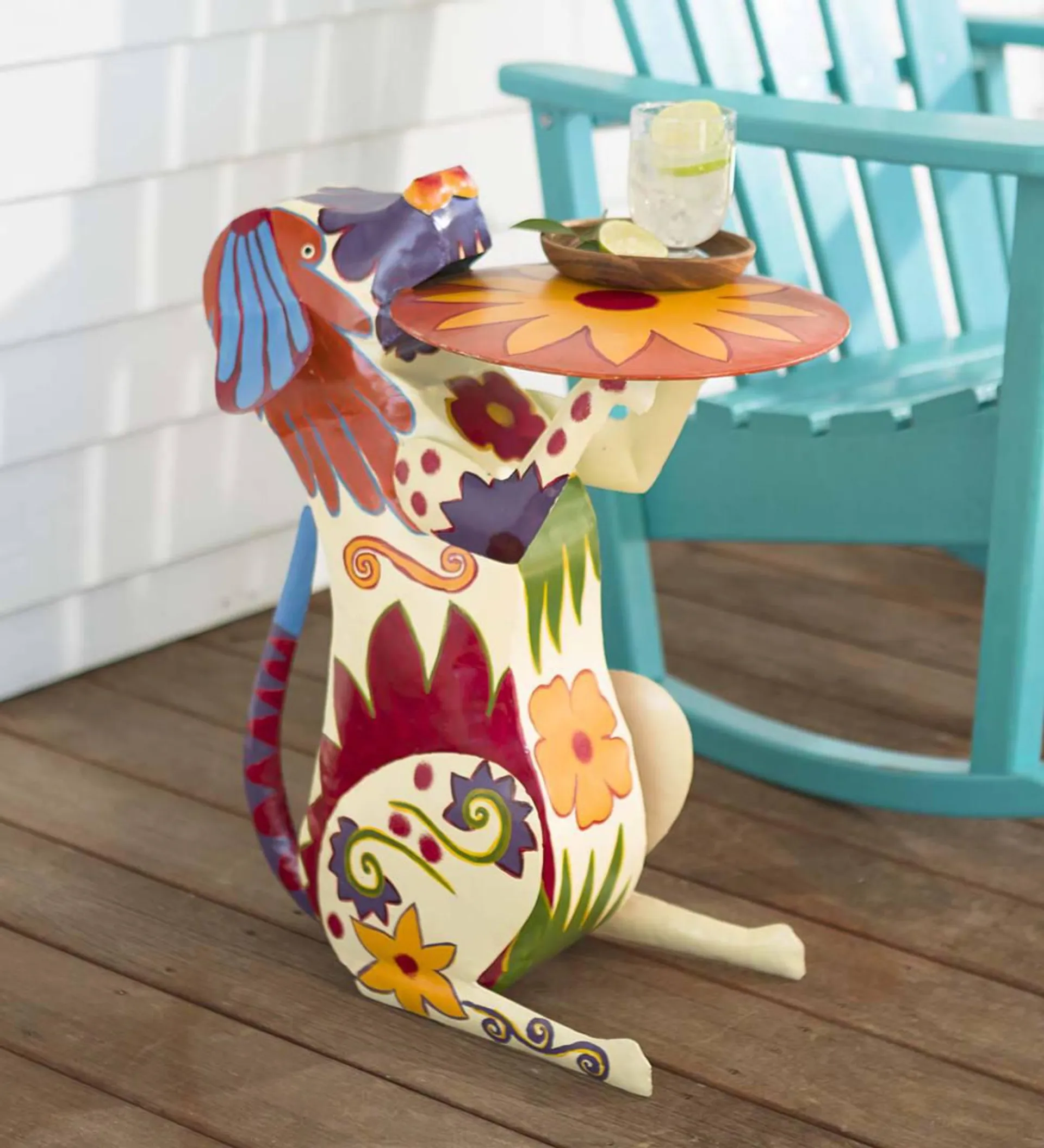 Handmade Colorful Painted Folk Art Metal Dog Side Table