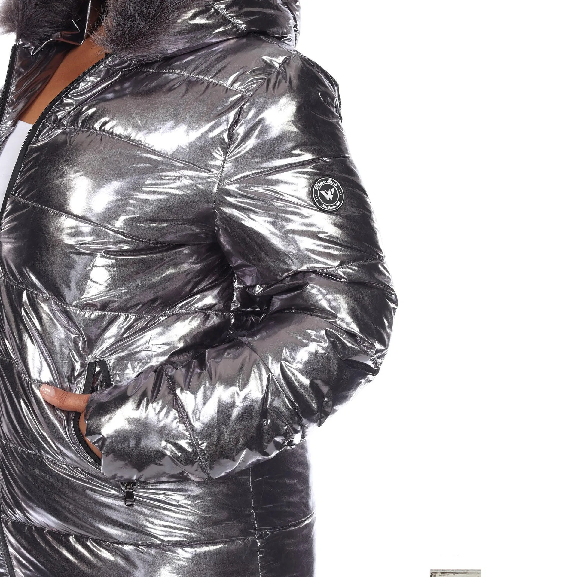 White Mark Women's Metallic Puffer Coat with Hoodie - Plus