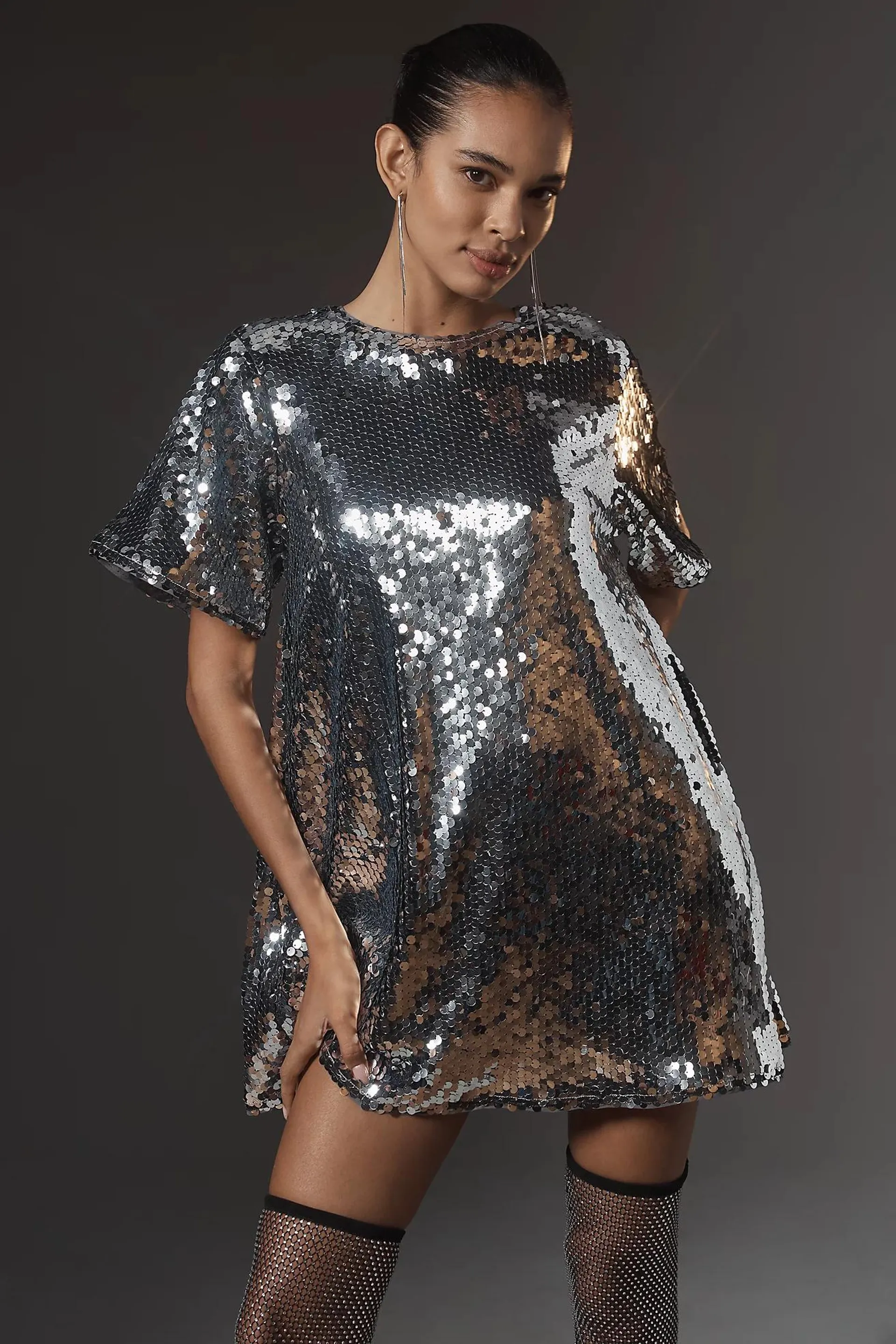 The Emmy Short-Sleeve Swing Mini Dress by Maeve: Sequin Edition