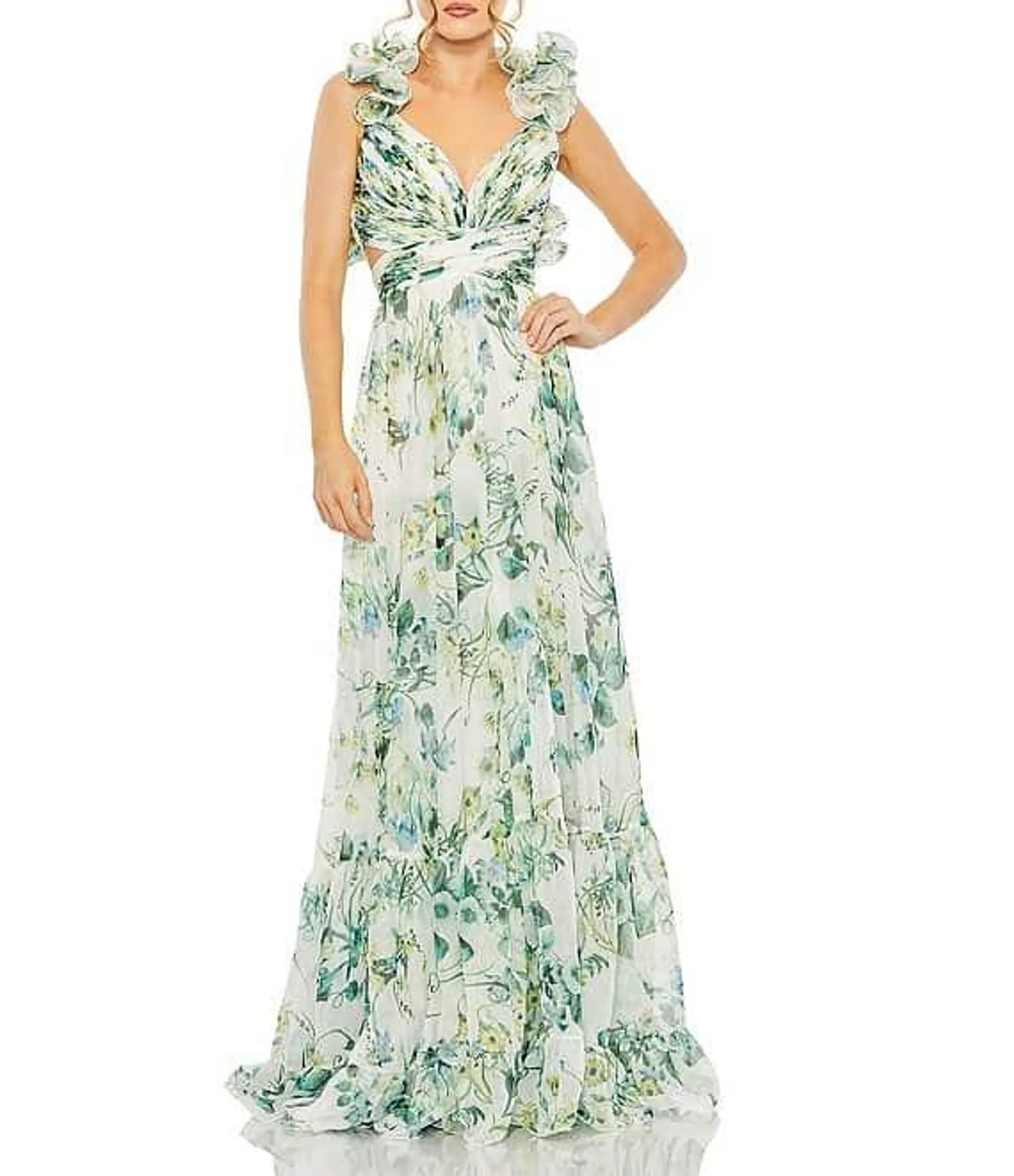 Floral V-Neck Ruffled Wide Strap Open Back Gown