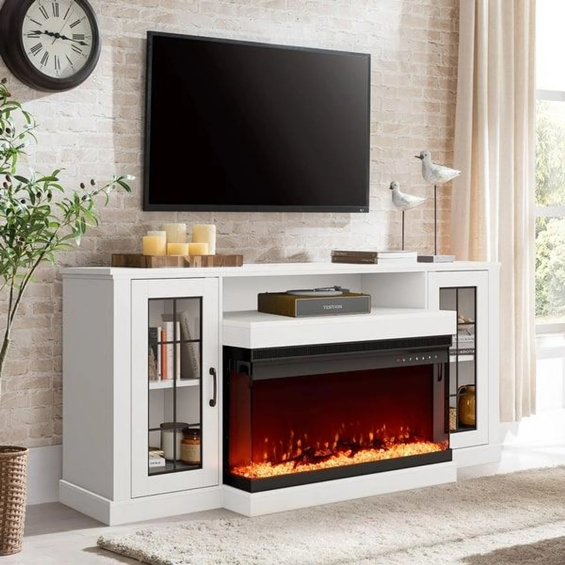 EROMMY Adjustable Glass Shelves Entertainment Center with 40" Electric Fireplace in 79" Fireplace TV Stand