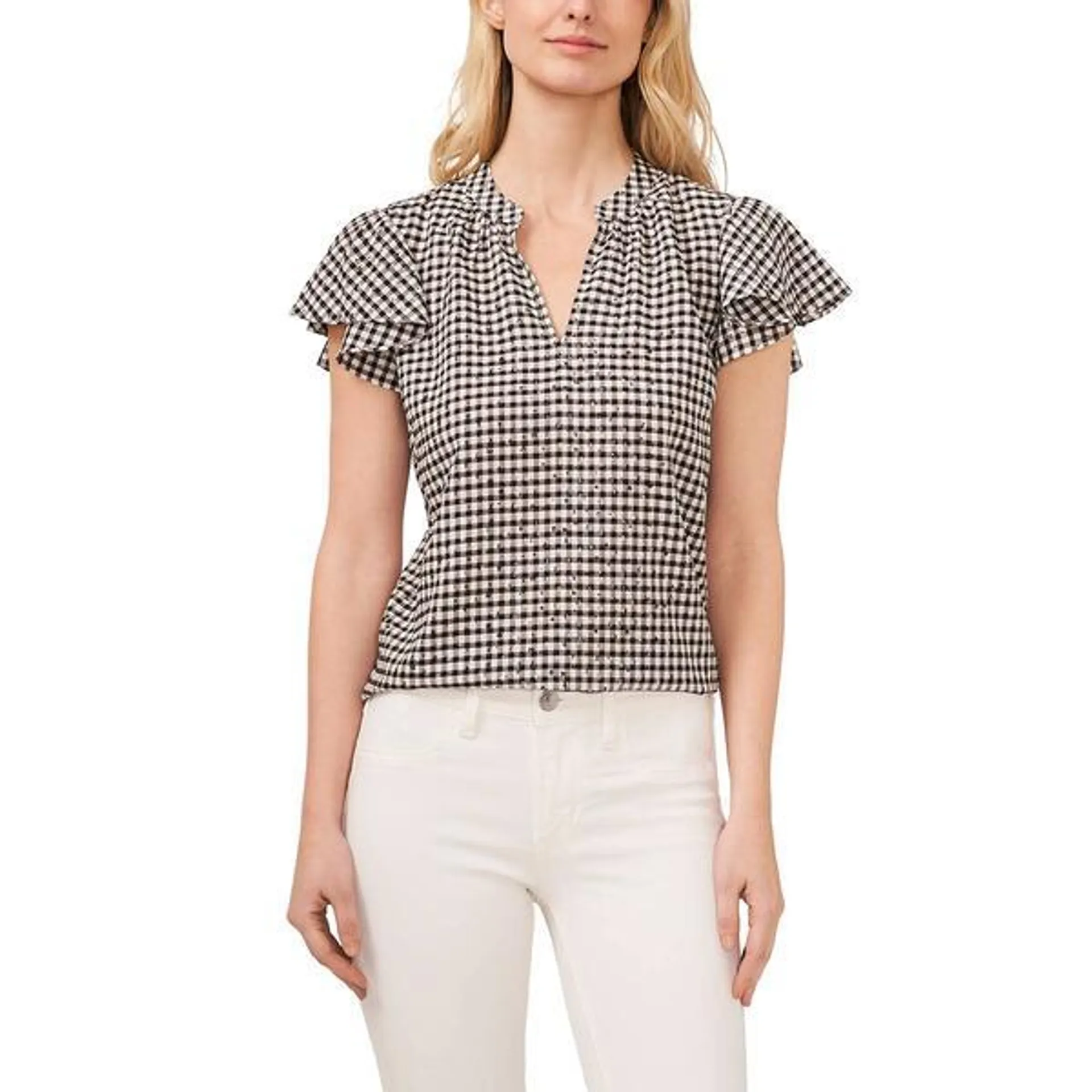 Womens Cece Ruffle Sleeve Gingham V-Neck Blouse