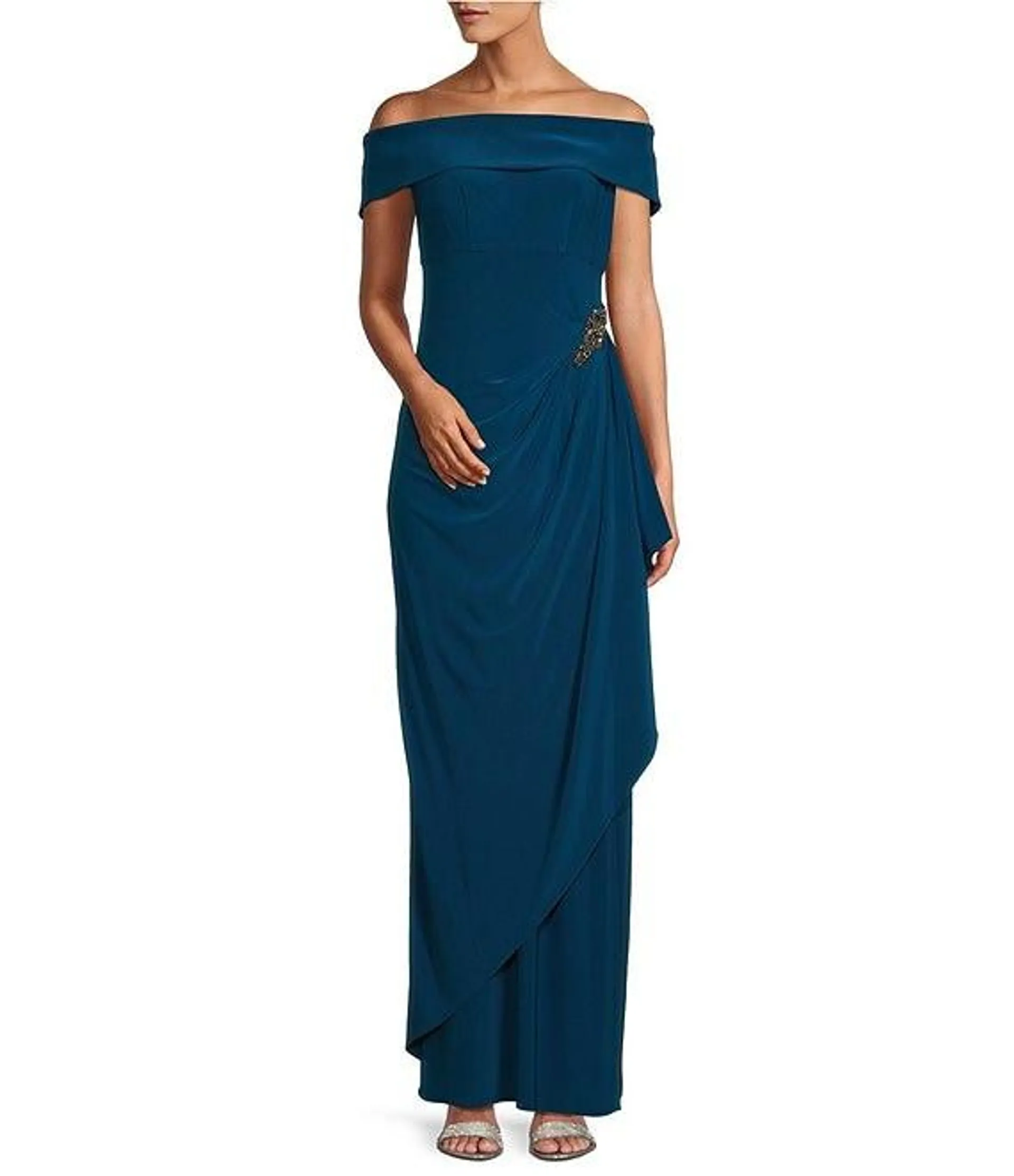 Off-the-Shoulder Short Sleeve Stretch Matte Jersey Ruched Gown