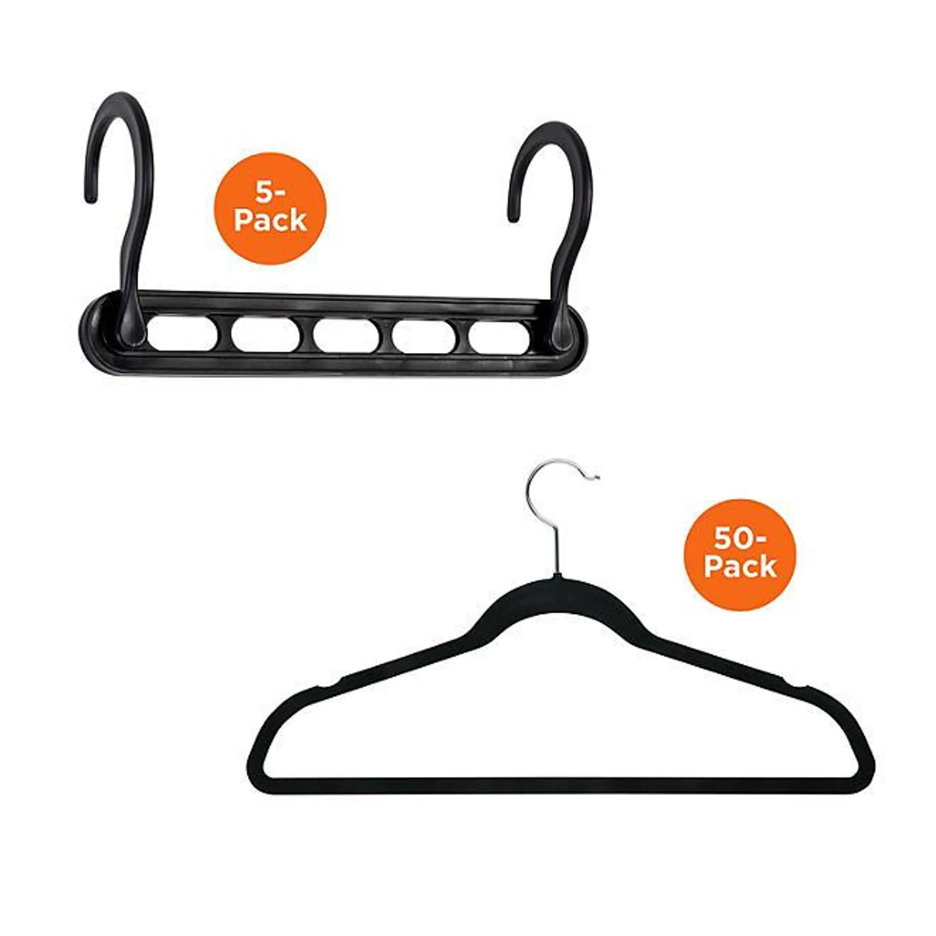 Honey-Can-Do Set of 5 Collapsible Hangers and 50 Velvet Non-Slip Hangers, Black