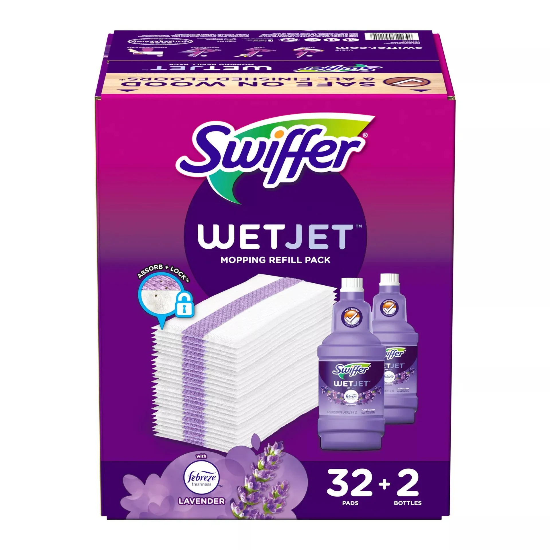 Swiffer WetJet Spray Mop Refill Bundle, 32 Floor Cleaning Pad Refills Plus 2 Multi-Surface Floor Cleaner Solutions