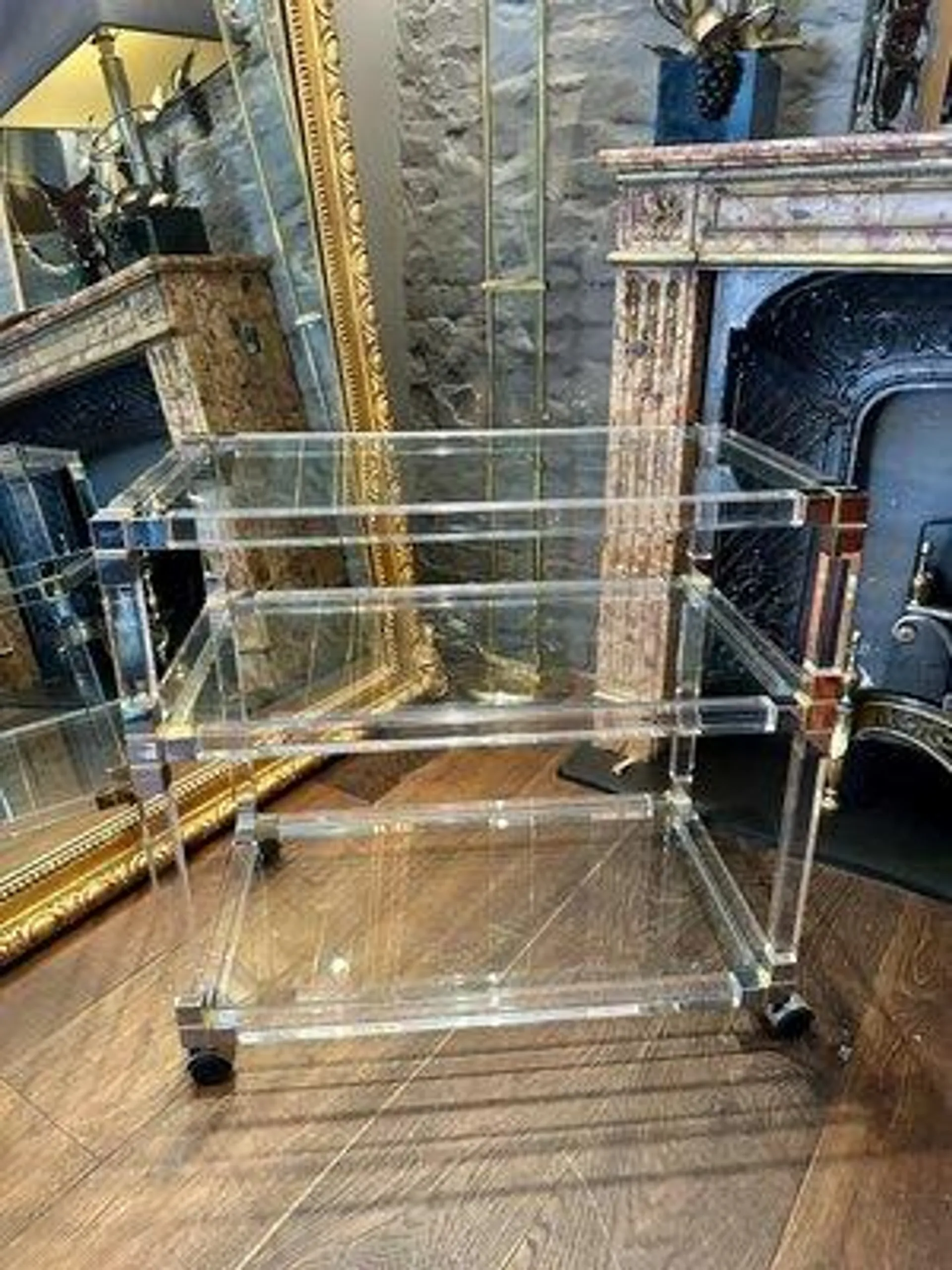 French Acrylic Chrome and Brass Bar Cart, 1980s