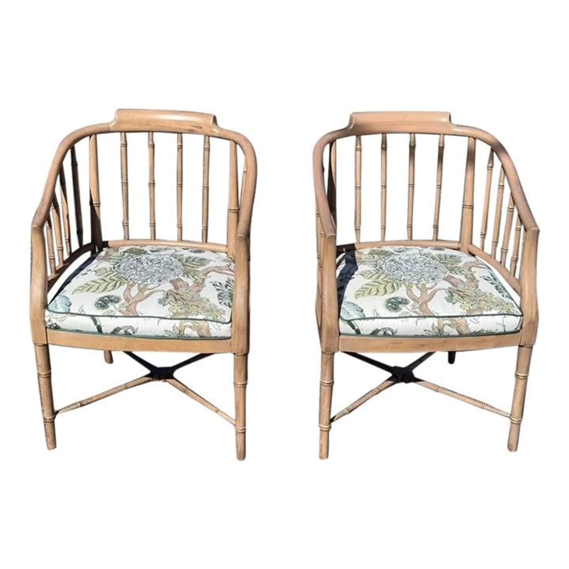 Mid 20tg Century Vintage Faux Bamboo Armchairs - Pair With Lee Jofa “Arlington” Seat Cushion