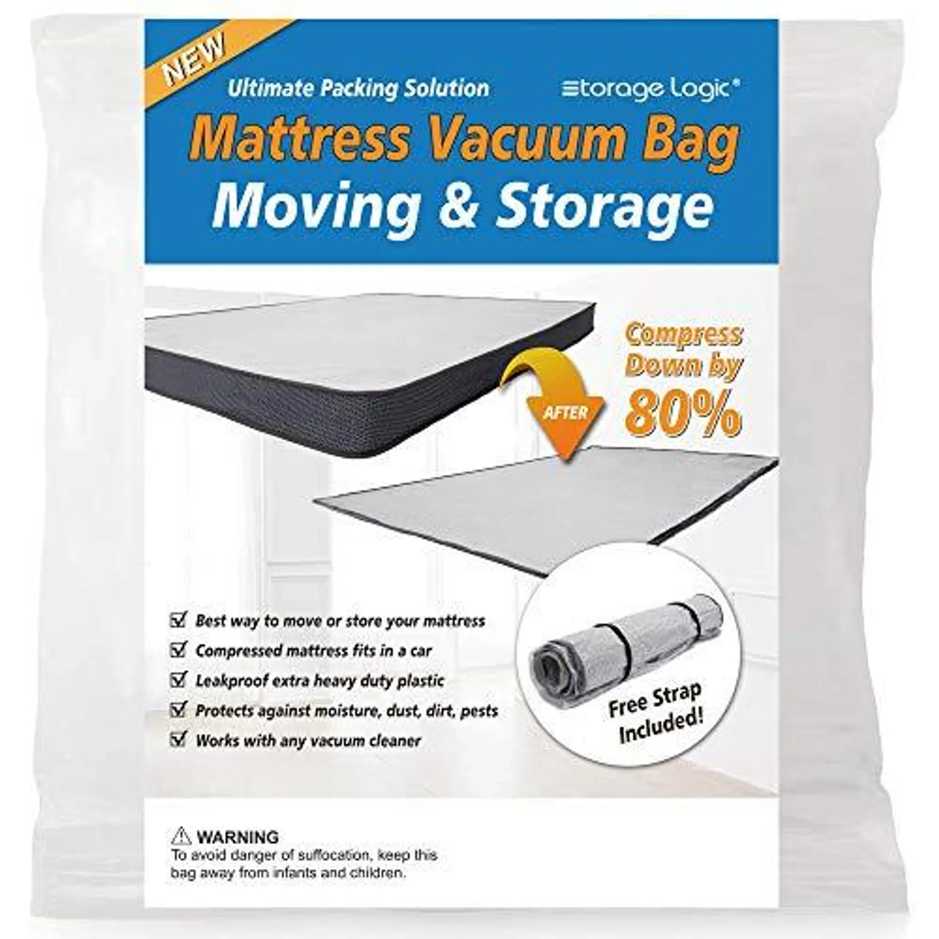 Storage Logic (Queen/Full/Full-XL) Foam Mattress Vacuum Bag for Moving/Storage-Compress Mattress by 80%, Vacuum Seal Mattress Bag,