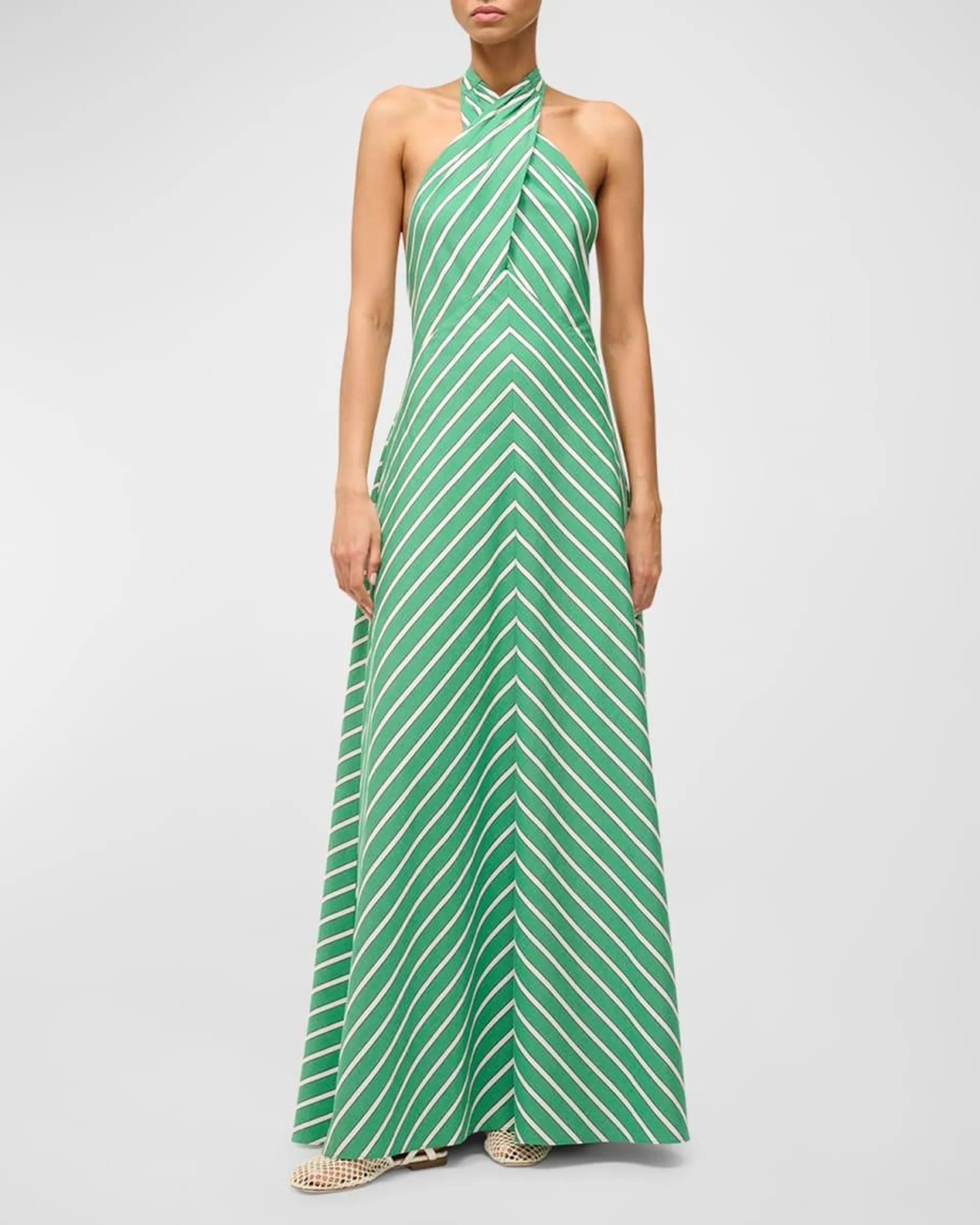 Dawn Tie-Neck Striped Maxi Crossover Halter Dress