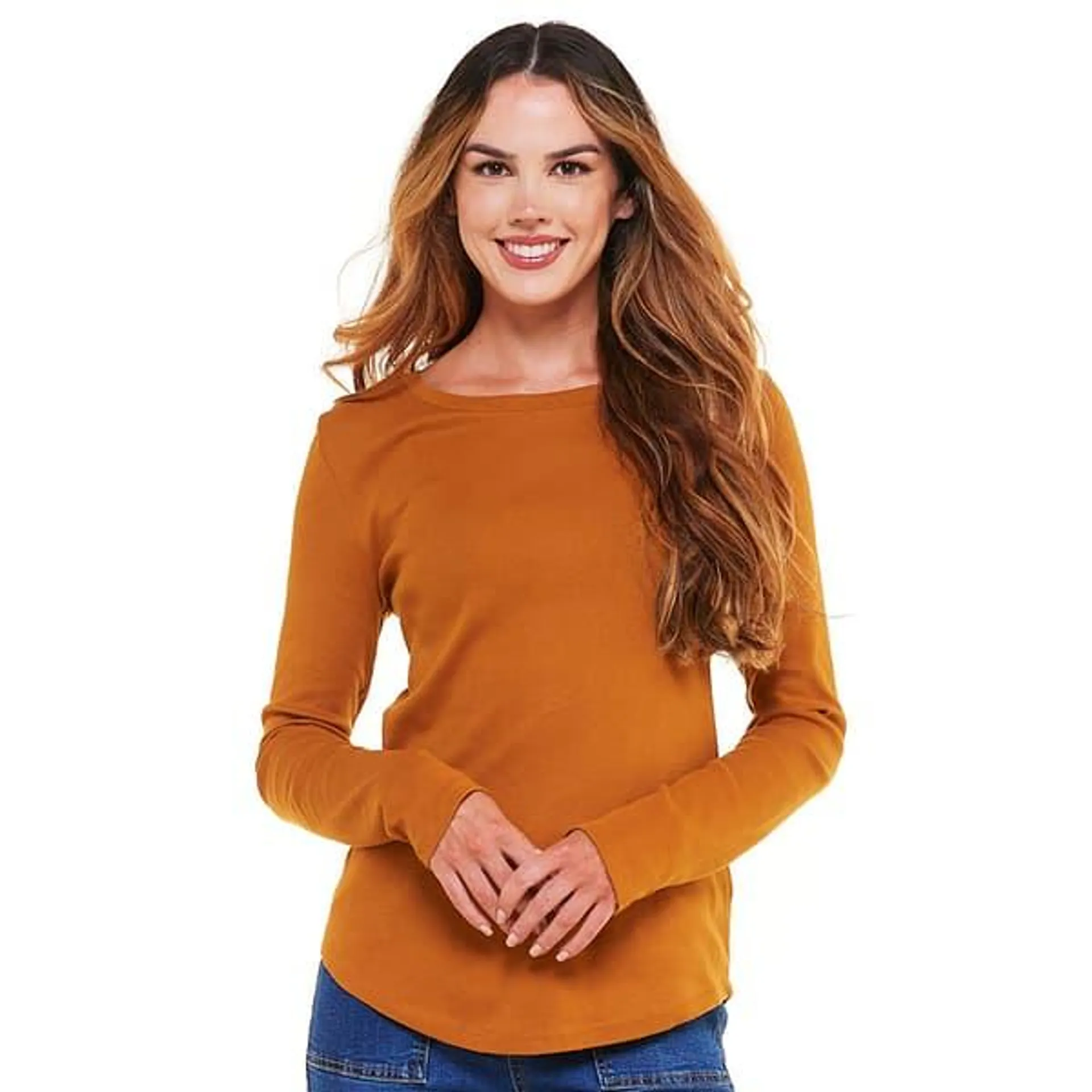 Womens Architect® Long Sleeve 1x1 Rib Crew Neck Rounded Hem Tee