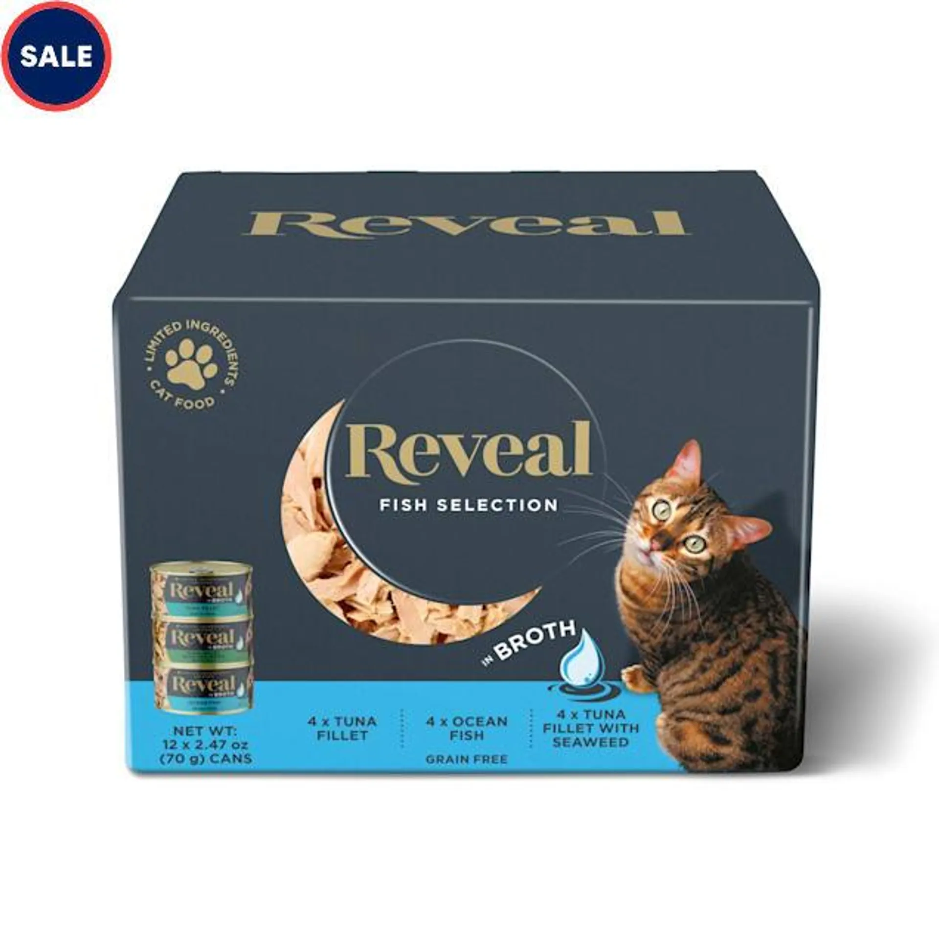 Reveal Limited Ingredient Natural Grain Free, Fish Flavors in Broth Wet Cat Food Variety Pack, 2.47 oz., Count of 12