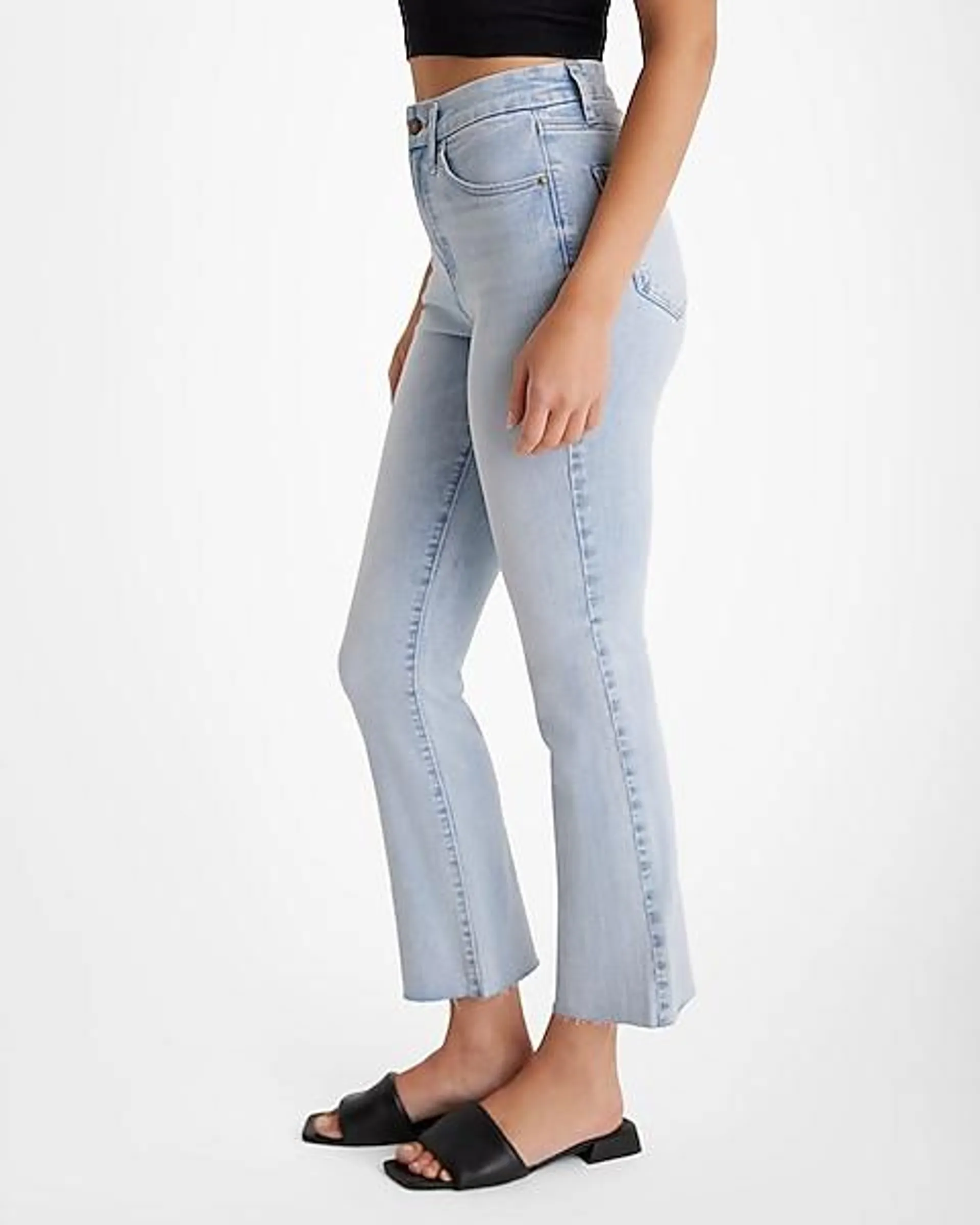 High Waisted Light Wash Raw Hem FlexX Cropped Flare Jeans