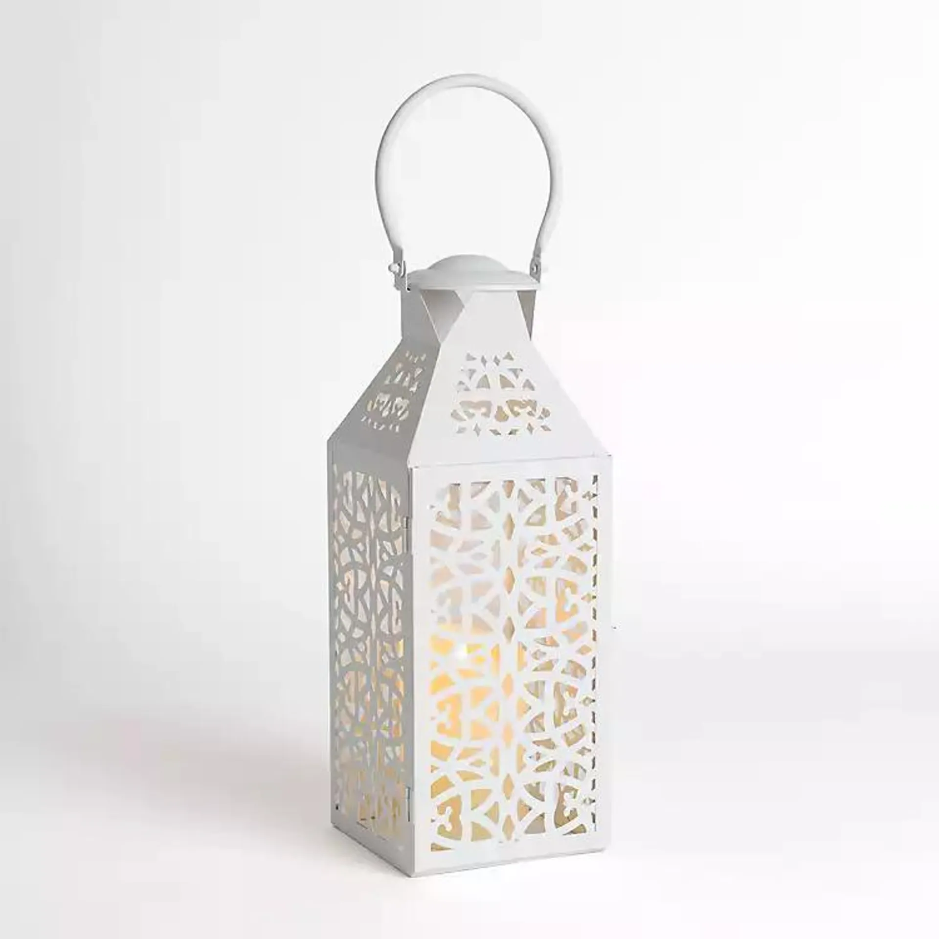 White Pierced Metal Lantern, 18 in.